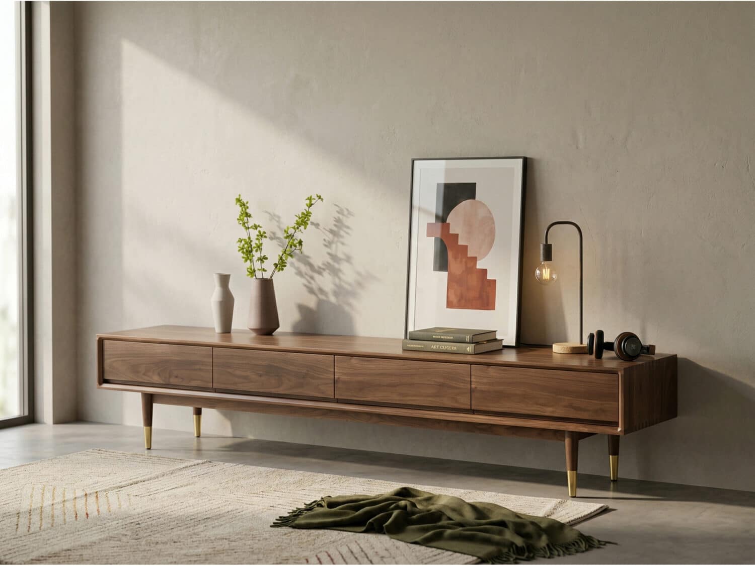 Mid-Century Modern Walnut Wood TV Stand with Legs Drawers 相册图 #2 scene