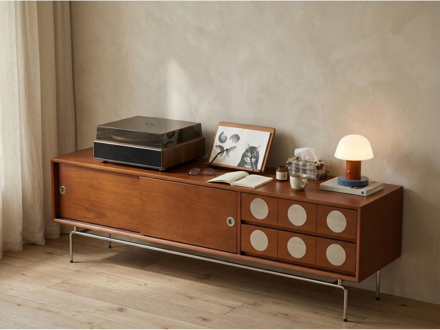 Mid-Century Modern Walnut Wood TV Stand with Sliding Doors 商品主图 scene