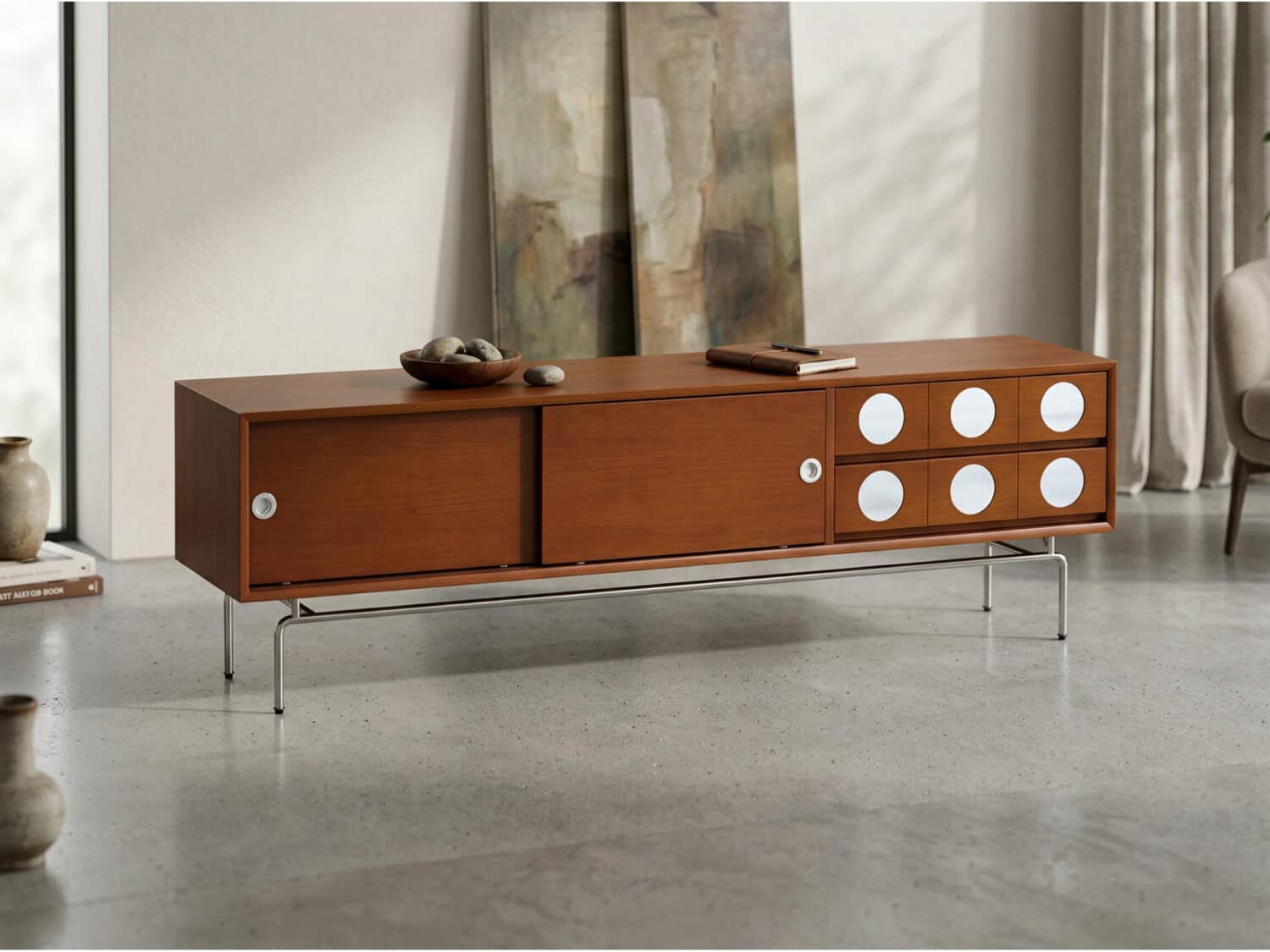 Mid-Century Modern Walnut Wood TV Stand with Sliding Doors 相册图 #1 scene