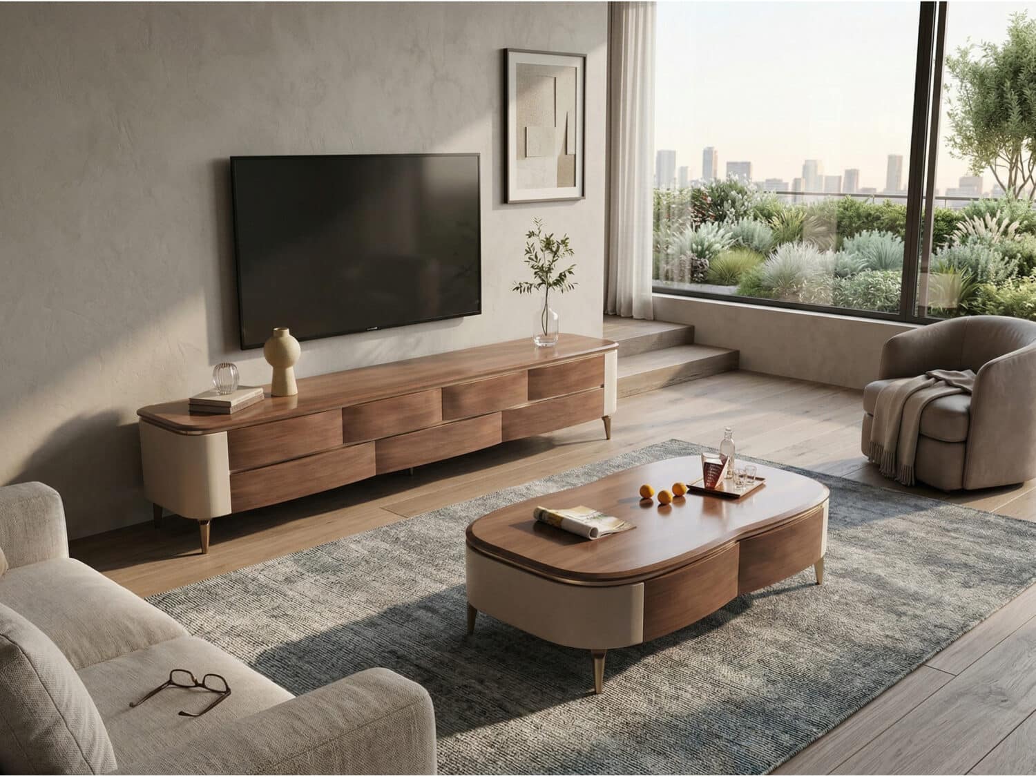 Mid-Century Modern Walnut Wood TV Stand with Storage 商品主图 scene