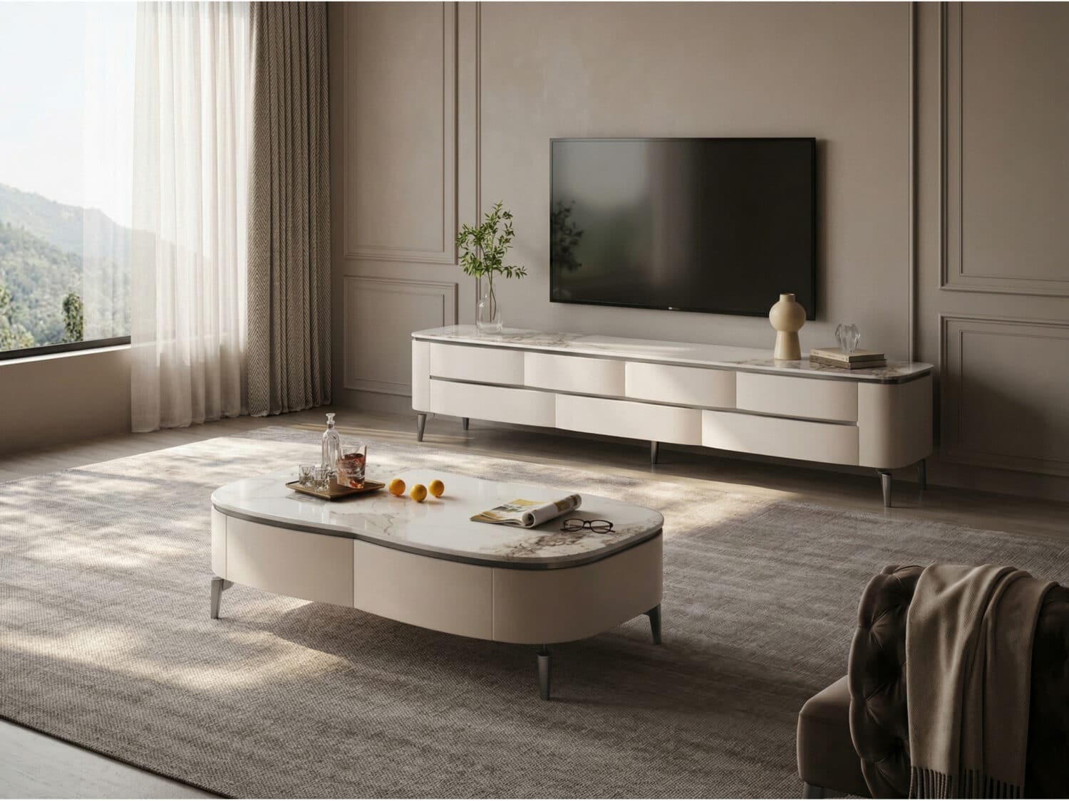 Mid-Century Modern Walnut Wood TV Stand with Storage 相册图 #1 scene