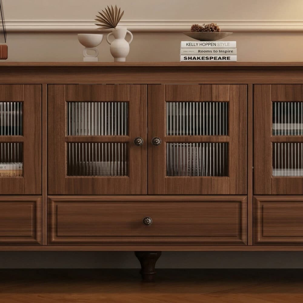 Mid-Century Modern Wood Media Cabinet Featuring Fluted Glass Doors and Deep Drawers - resized - 相册图 #4 Mid-Century Modern Wood Media Cabinet Featuring Fluted Glass Doors and Deep Drawers 相册图 #4 resized