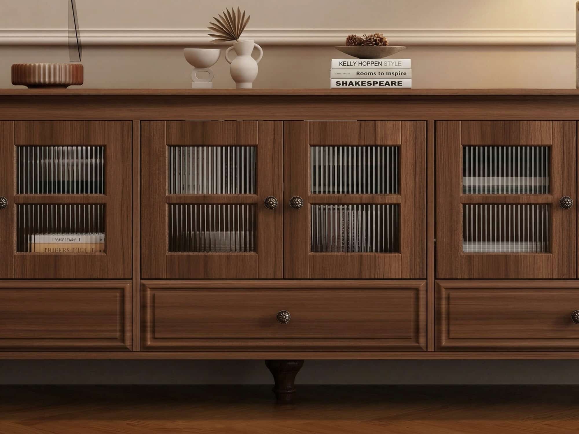 Mid-Century Modern Wood Media Cabinet Featuring Fluted Glass Doors and Deep Drawers - resized - 相册图 #4 Mid-Century Modern Wood Media Cabinet Featuring Fluted Glass Doors and Deep Drawers 相册图 #4 resized