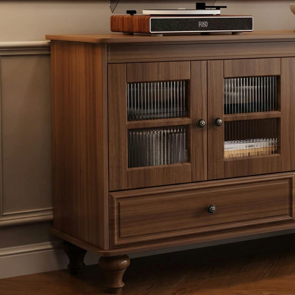 Mid-Century Modern Wood Media Cabinet Featuring Fluted Glass Doors and Deep Drawers - resized - 相册图 #5 Mid-Century Modern Wood Media Cabinet Featuring Fluted Glass Doors and Deep Drawers 相册图 #5 resized