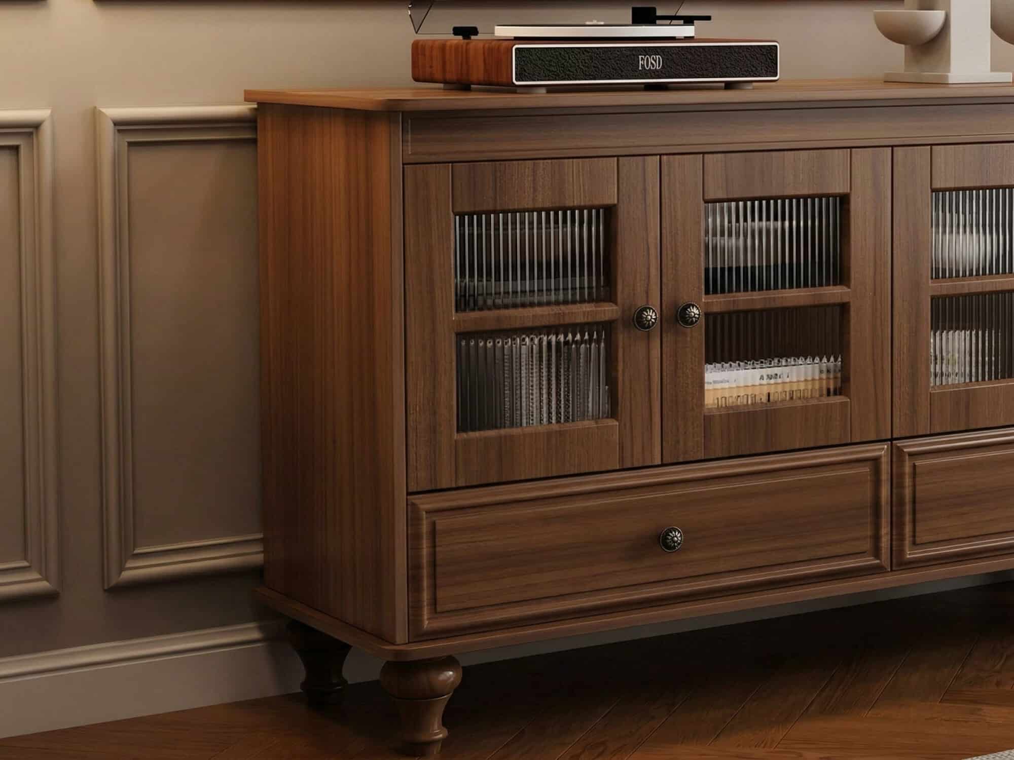 Mid-Century Modern Wood Media Cabinet Featuring Fluted Glass Doors and Deep Drawers - resized - 相册图 #5 Mid-Century Modern Wood Media Cabinet Featuring Fluted Glass Doors and Deep Drawers 相册图 #5 resized