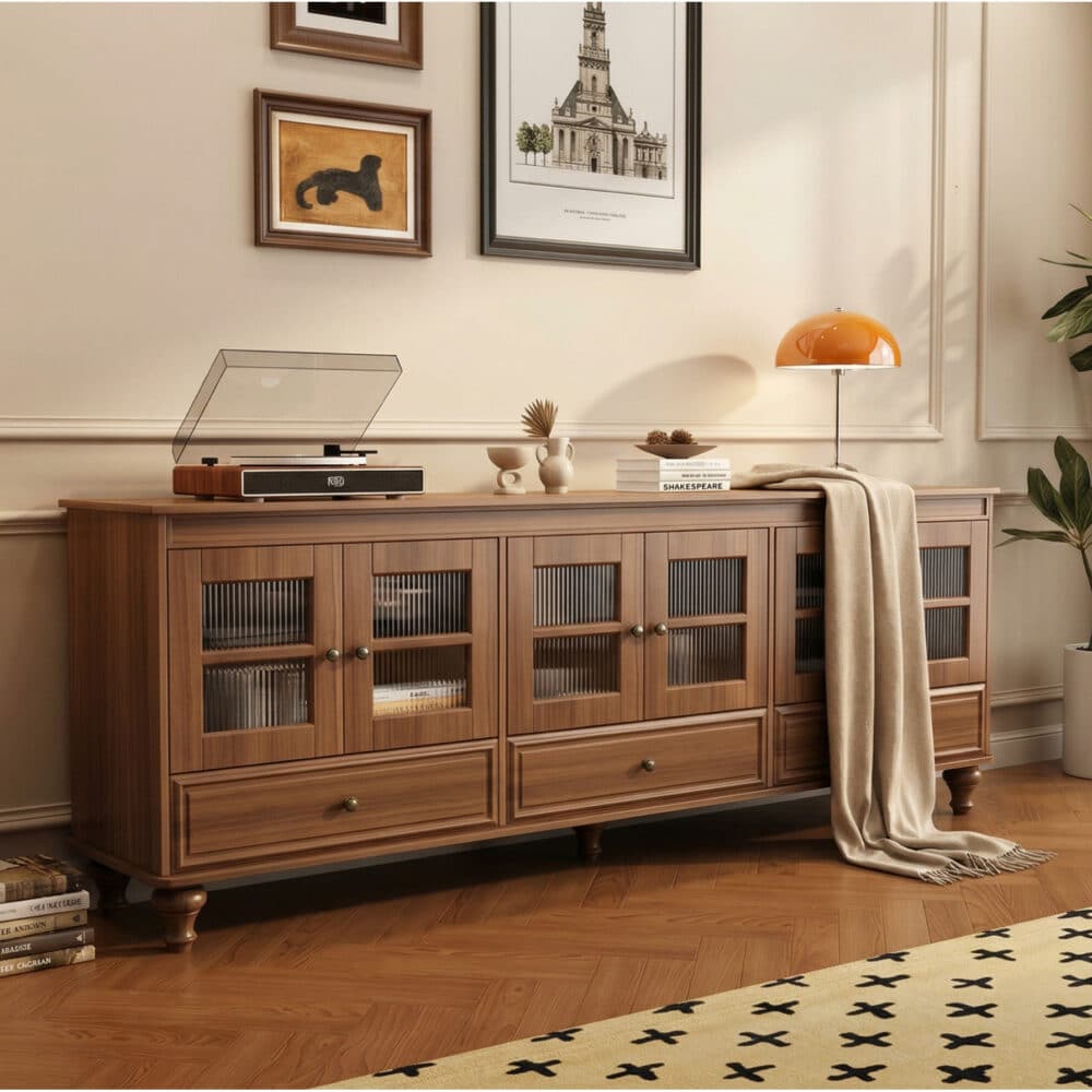 Mid-Century Modern Wood Media Cabinet Featuring Fluted Glass Doors and Deep Drawers - scene - 商品主图 Mid-Century Modern Wood Media Cabinet Featuring Fluted Glass Doors and Deep Drawers 商品主图 scene