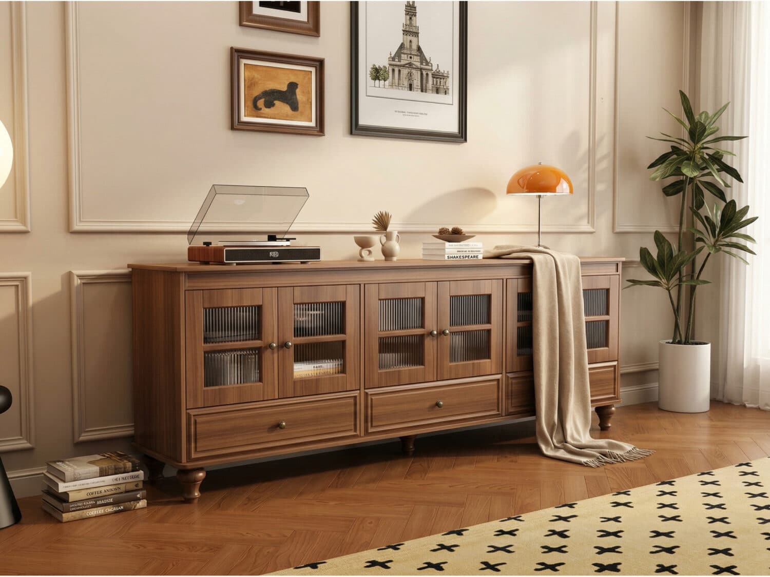 Mid-Century Modern Wood Media Cabinet Featuring Fluted Glass Doors and Deep Drawers - scene - 商品主图 Mid-Century Modern Wood Media Cabinet Featuring Fluted Glass Doors and Deep Drawers 商品主图 scene