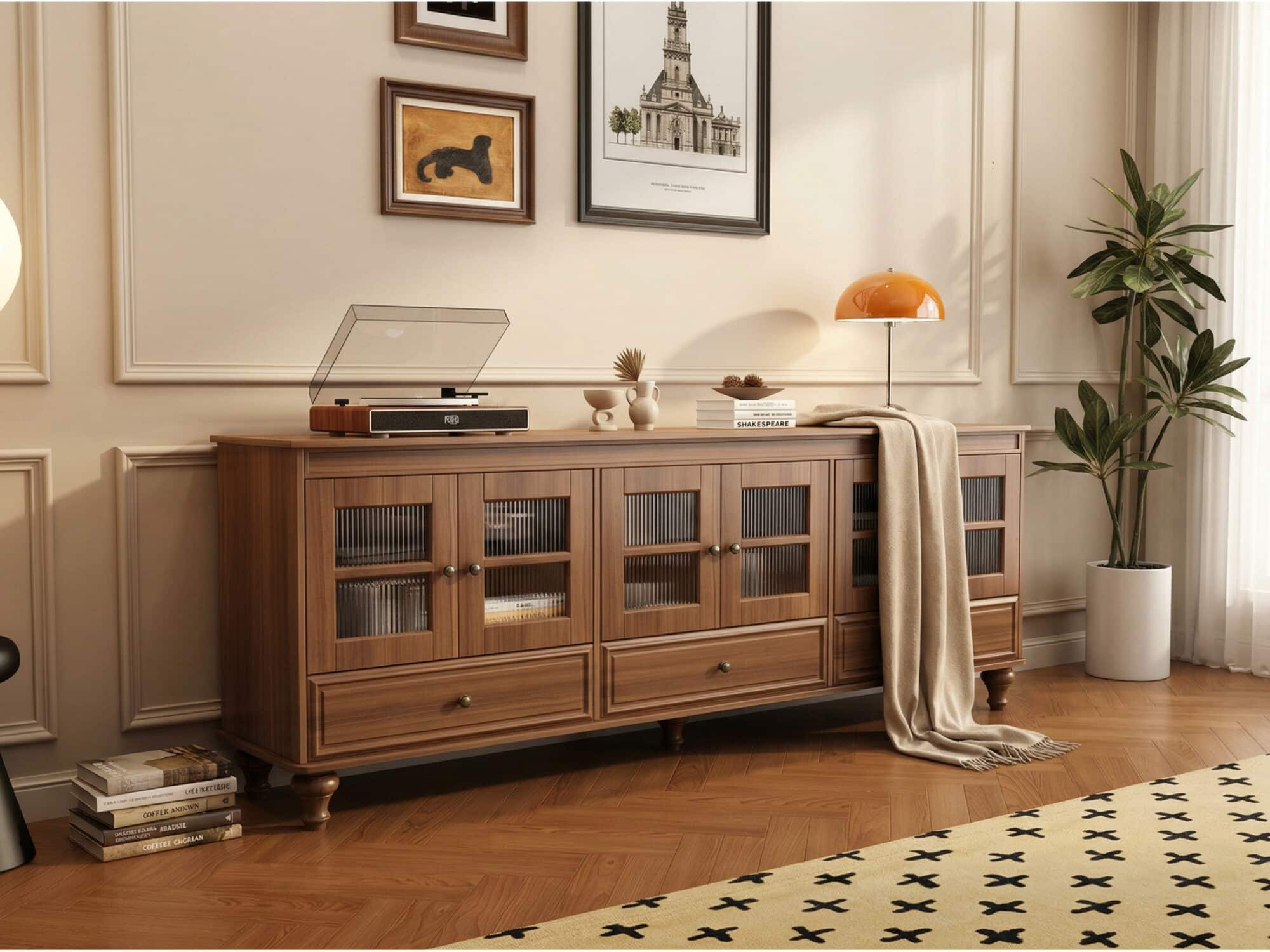 Mid-Century Modern Wood Media Cabinet Featuring Fluted Glass Doors and Deep Drawers - scene - 商品主图 Mid-Century Modern Wood Media Cabinet Featuring Fluted Glass Doors and Deep Drawers 商品主图 scene