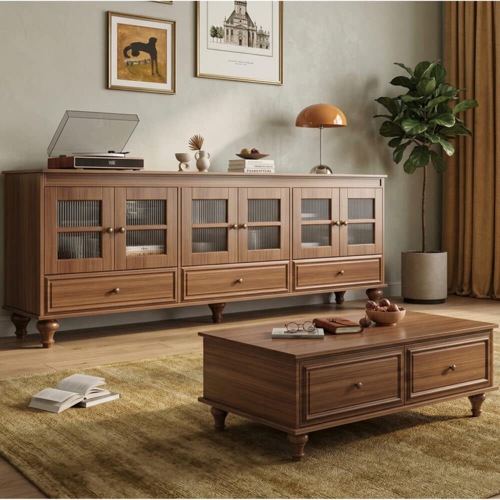 Mid-Century Modern Wood Media Cabinet Featuring Fluted Glass Doors and Deep Drawers - scene - 相册图 #1 Mid-Century Modern Wood Media Cabinet Featuring Fluted Glass Doors and Deep Drawers 相册图 #1 scene