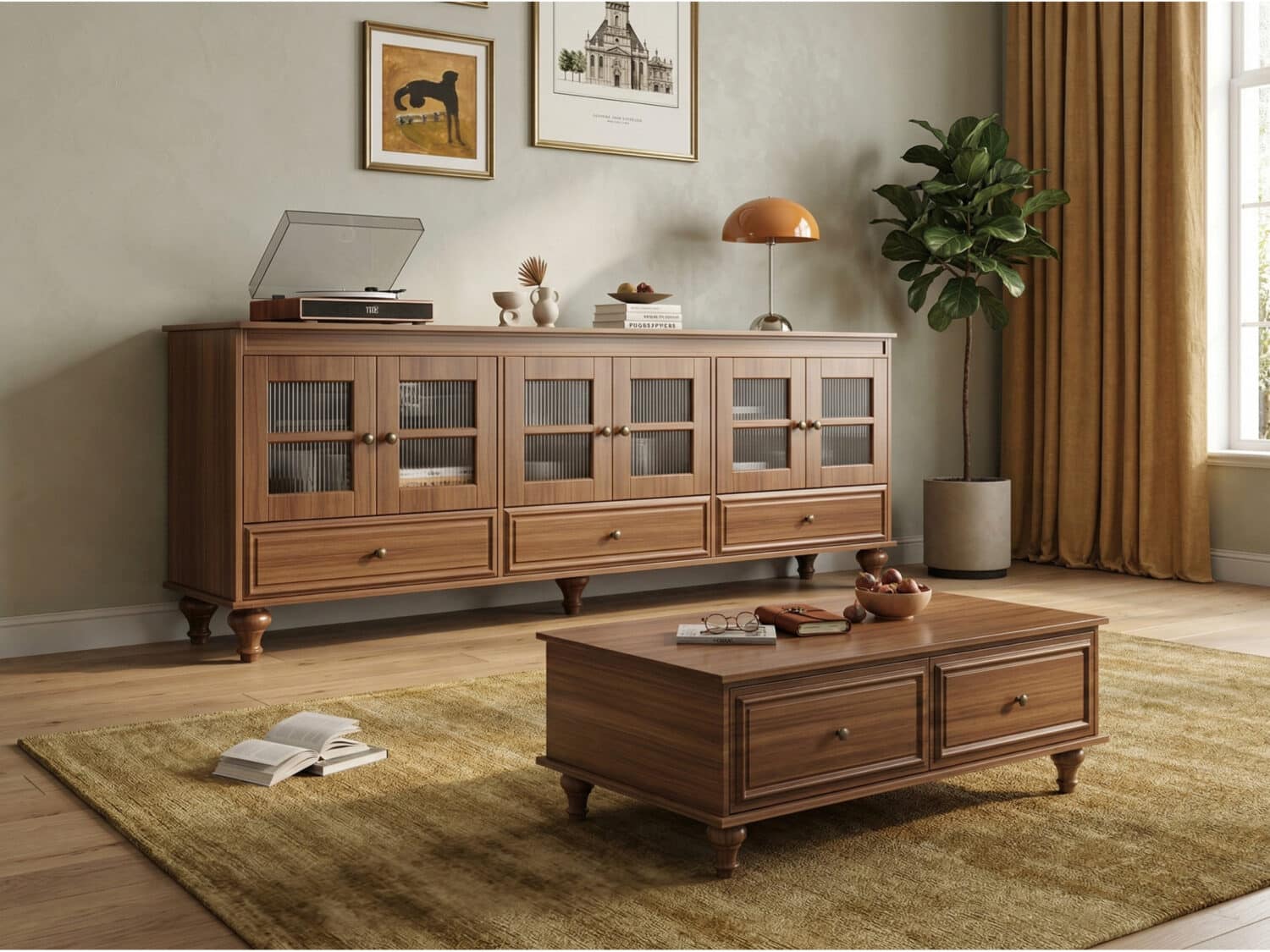 Mid-Century Modern Wood Media Cabinet Featuring Fluted Glass Doors and Deep Drawers 相册图 #1 scene