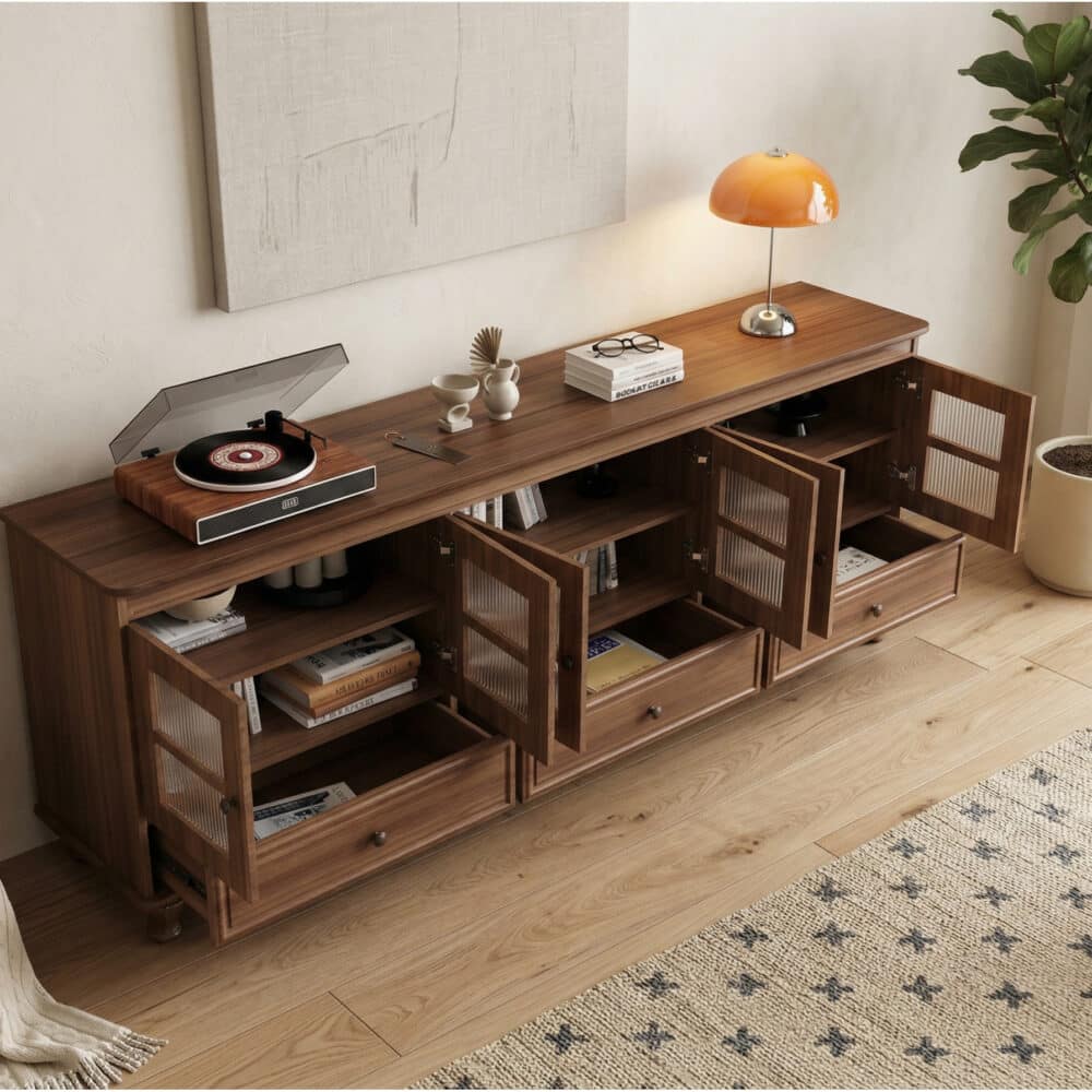 Mid-Century Modern Wood Media Cabinet Featuring Fluted Glass Doors and Deep Drawers - scene - 相册图 #3 Mid-Century Modern Wood Media Cabinet Featuring Fluted Glass Doors and Deep Drawers 相册图 #3 scene