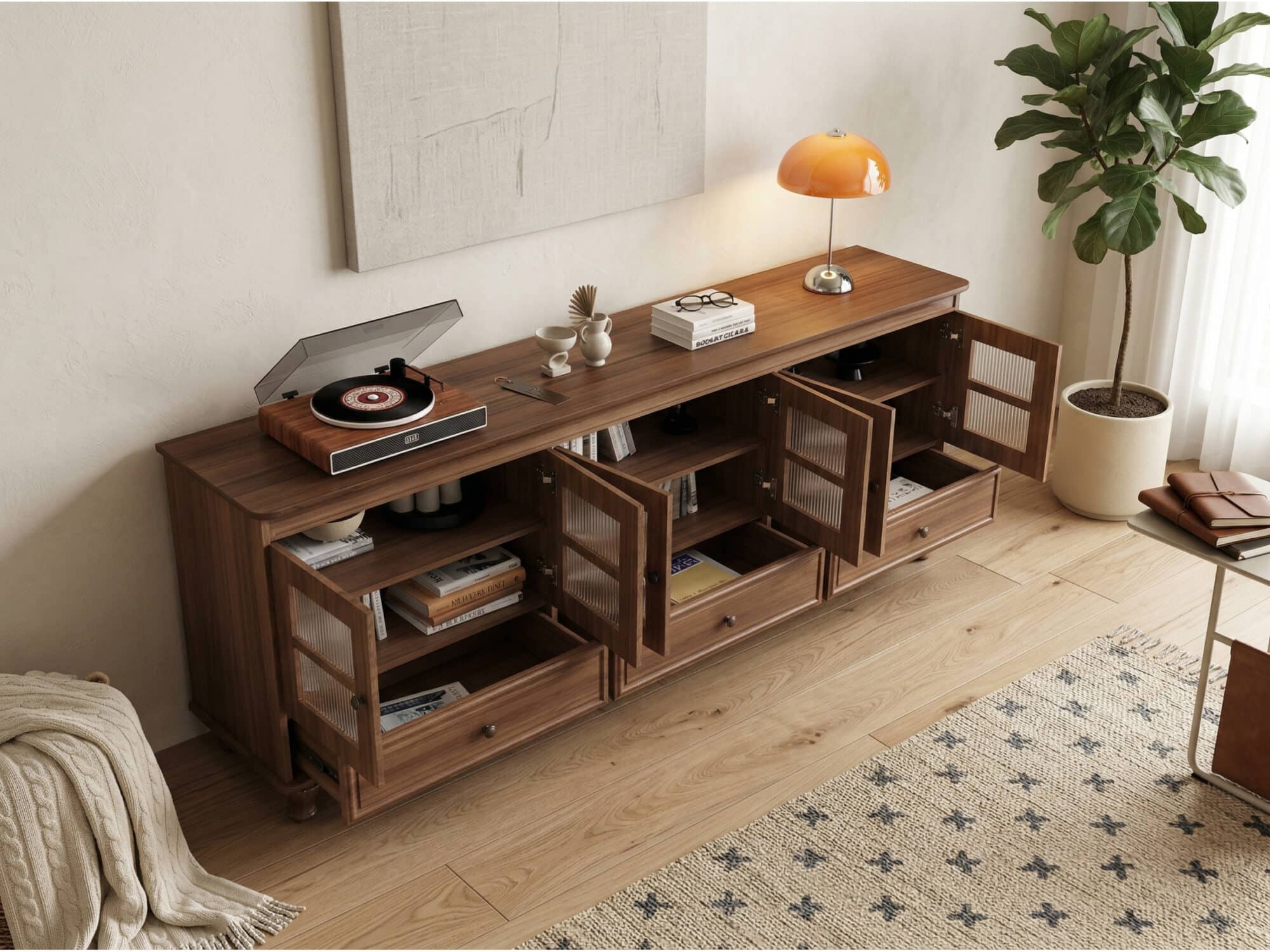 Mid-Century Modern Wood Media Cabinet Featuring Fluted Glass Doors and Deep Drawers - scene - 相册图 #3 Mid-Century Modern Wood Media Cabinet Featuring Fluted Glass Doors and Deep Drawers 相册图 #3 scene