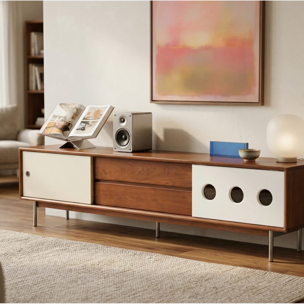 Mid-Century Modern Wood TV Stand with Drawers Storage - scene - 商品主图 Mid-Century Modern Wood TV Stand with Drawers Storage 商品主图 scene