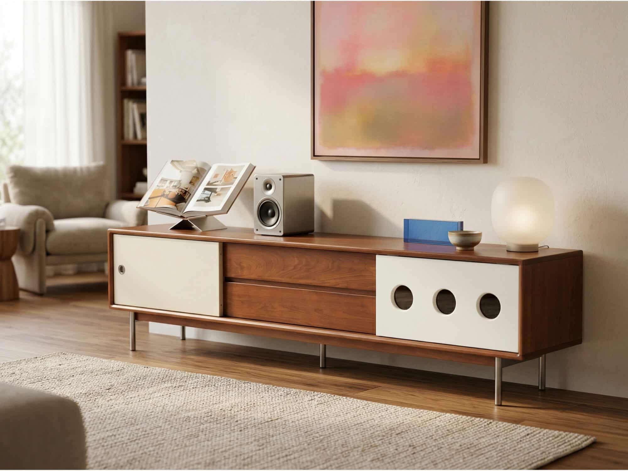 Mid-Century Modern Wood TV Stand with Drawers Storage - scene - 商品主图 Mid-Century Modern Wood TV Stand with Drawers Storage 商品主图 scene