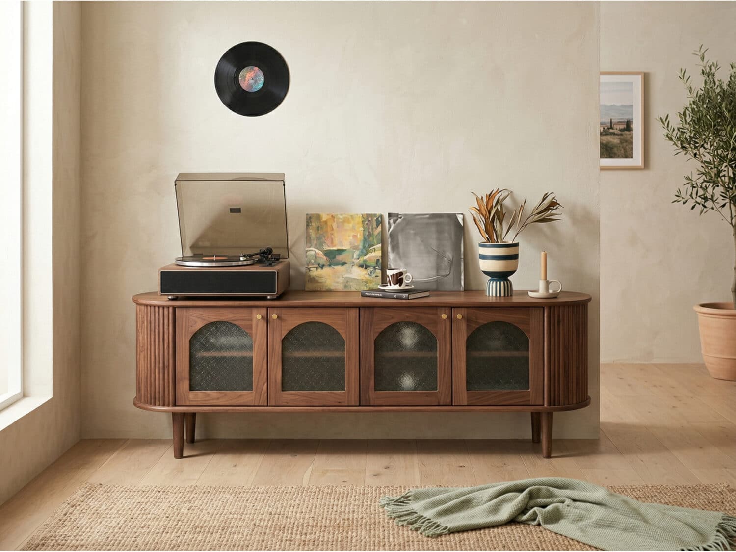 Mid-Century Walnut Wood TV Stand with Storage Cabinet 商品主图 scene