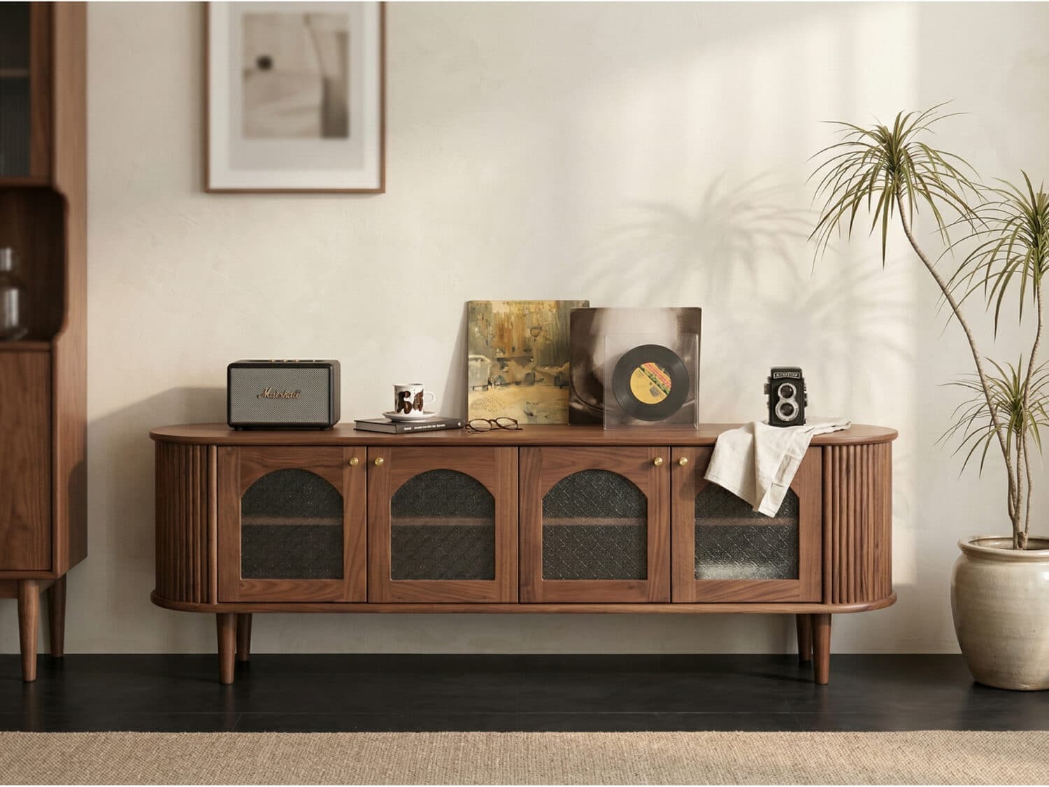 Mid-Century Walnut Wood TV Stand with Storage Cabinet 相册图 #1 scene