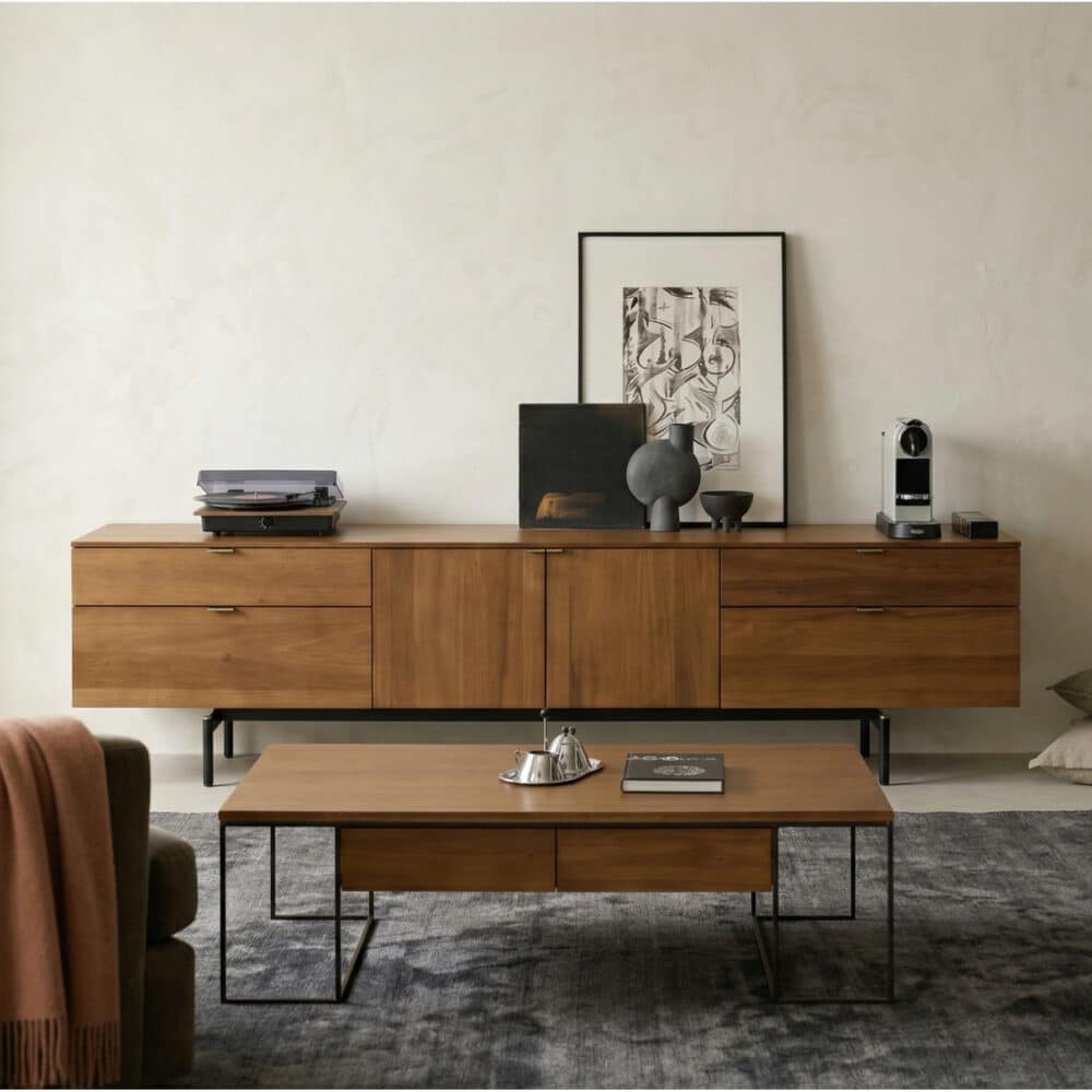 Mid-Century Walnut Wood TV Stand with Storage - scene - 相册图 #1 Mid-Century Walnut Wood TV Stand with Storage 相册图 #1 scene