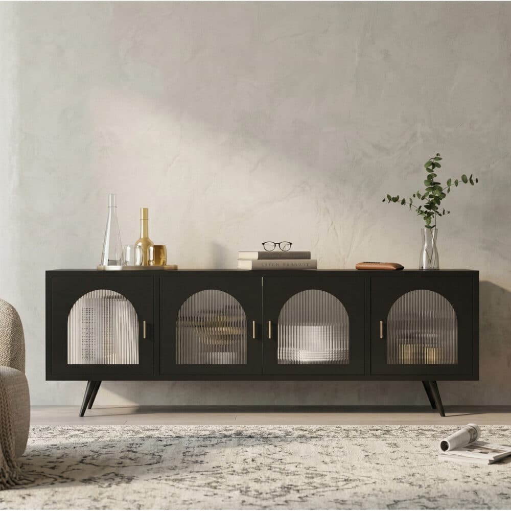 Minimalist TV Cabinet with Iron Frame & Glass Doors Modern Storage Console - scene - 商品主图 Minimalist TV Cabinet with Iron Frame & Glass Doors Modern Storage Console 商品主图 scene