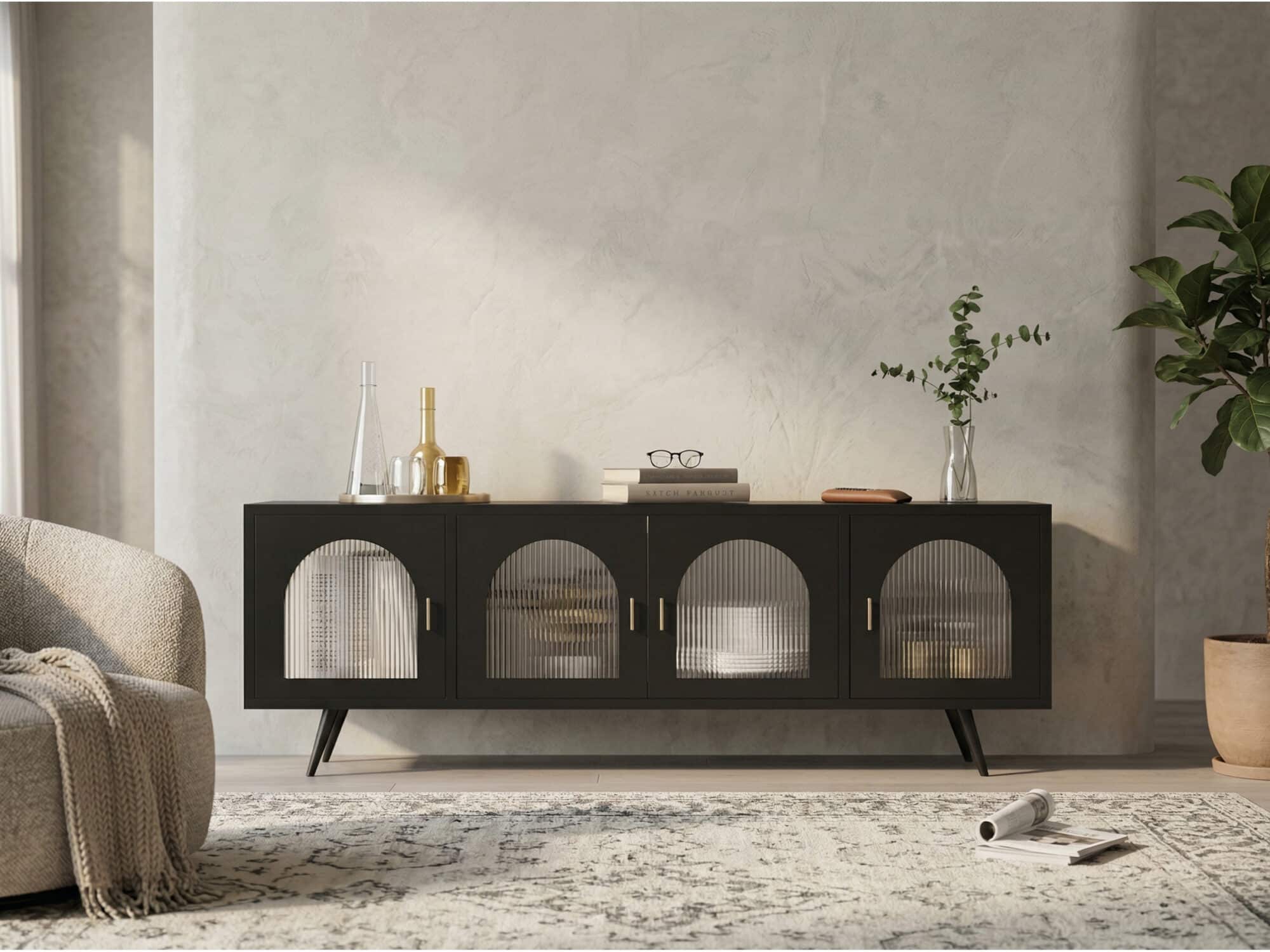Minimalist TV Cabinet with Iron Frame & Glass Doors Modern Storage Console - scene - 商品主图 Minimalist TV Cabinet with Iron Frame & Glass Doors Modern Storage Console 商品主图 scene
