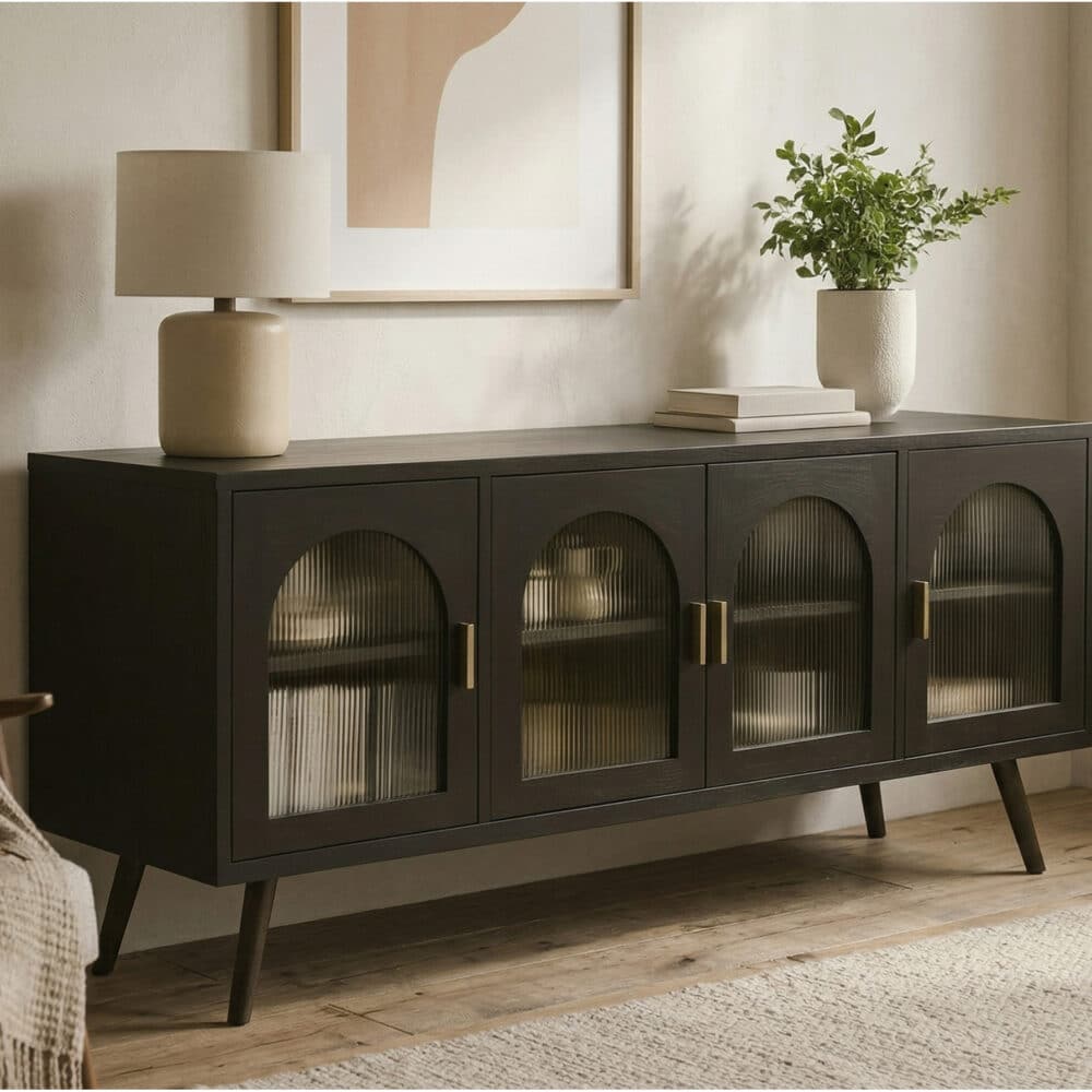 Minimalist TV Cabinet with Iron Frame & Glass Doors Modern Storage Console - scene - 相册图 #1 Minimalist TV Cabinet with Iron Frame & Glass Doors Modern Storage Console 相册图 #1 scene