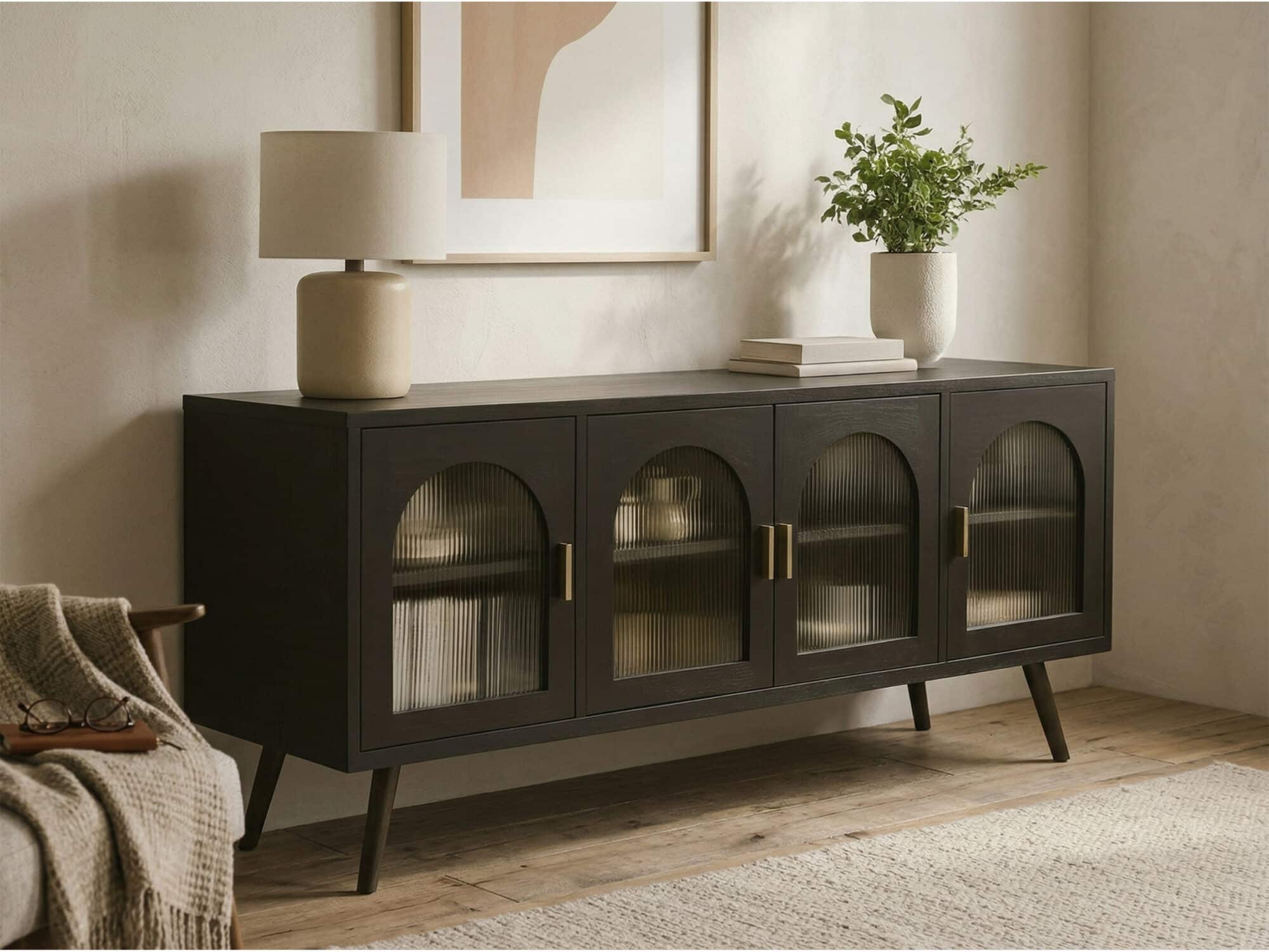 Minimalist TV Cabinet with Iron Frame & Glass Doors Modern Storage Console - scene - 相册图 #1 Minimalist TV Cabinet with Iron Frame & Glass Doors Modern Storage Console 相册图 #1 scene