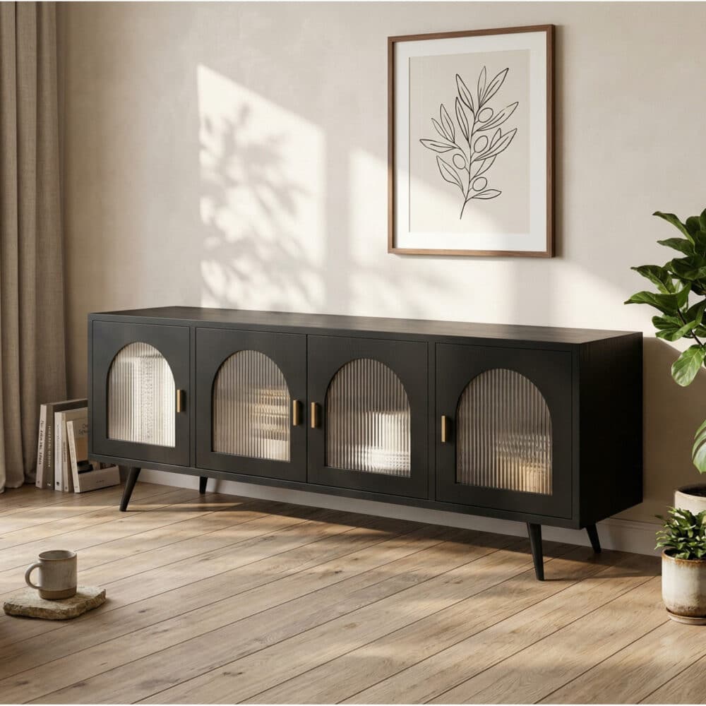 Minimalist TV Cabinet with Iron Frame & Glass Doors Modern Storage Console - scene - 相册图 #2 Minimalist TV Cabinet with Iron Frame & Glass Doors Modern Storage Console 相册图 #2 scene