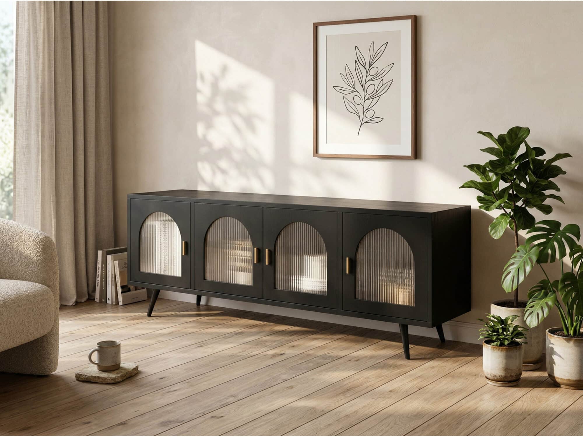 Minimalist TV Cabinet with Iron Frame & Glass Doors Modern Storage Console - scene - 相册图 #2 Minimalist TV Cabinet with Iron Frame & Glass Doors Modern Storage Console 相册图 #2 scene