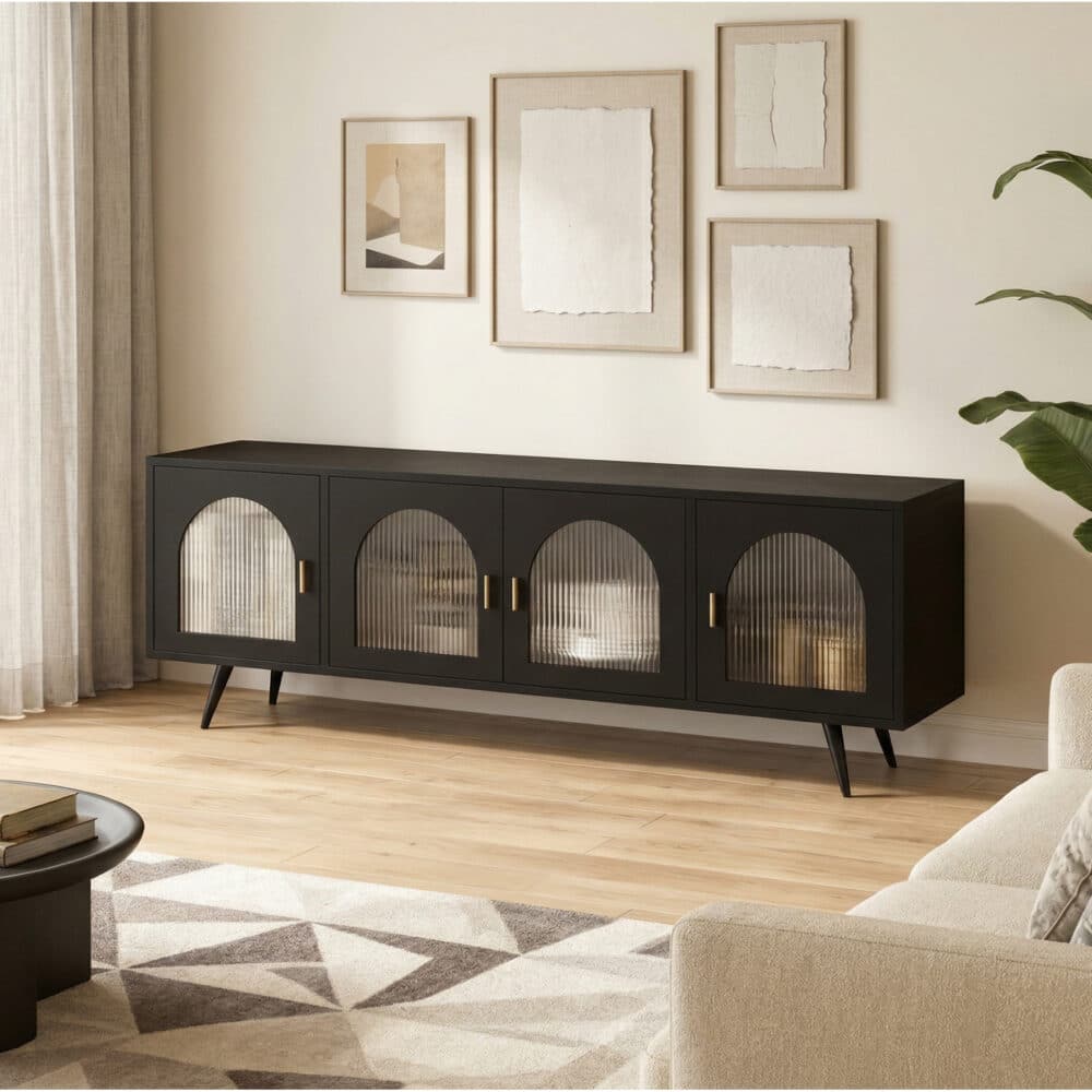 Minimalist TV Cabinet with Iron Frame & Glass Doors Modern Storage Console - scene - 相册图 #3 Minimalist TV Cabinet with Iron Frame & Glass Doors Modern Storage Console 相册图 #3 scene