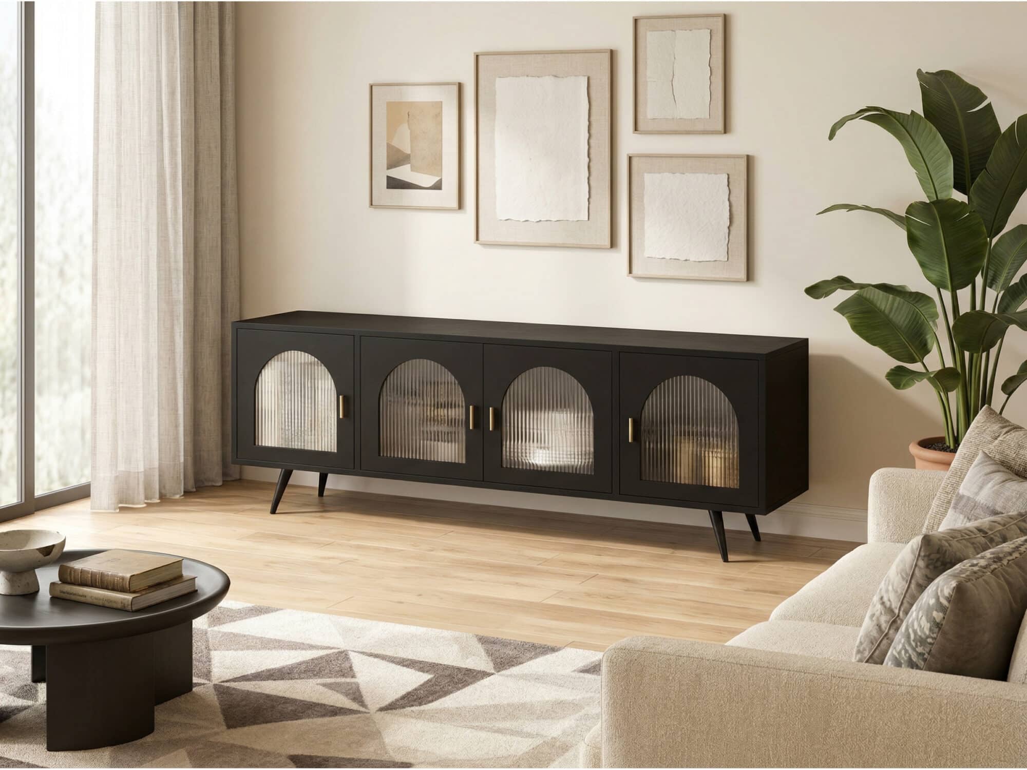 Minimalist TV Cabinet with Iron Frame & Glass Doors Modern Storage Console - scene - 相册图 #3 Minimalist TV Cabinet with Iron Frame & Glass Doors Modern Storage Console 相册图 #3 scene