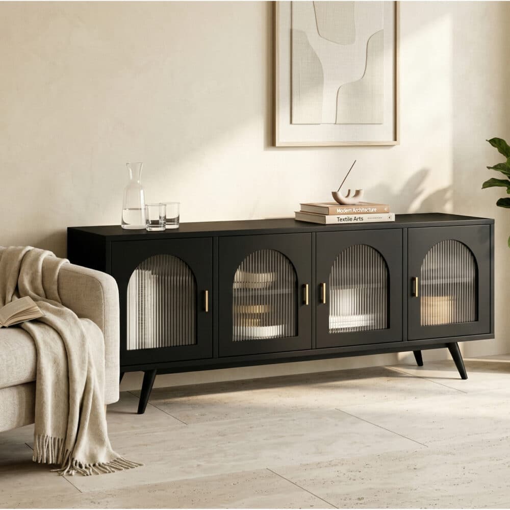 Minimalist TV Cabinet with Iron Frame & Glass Doors Modern Storage Console - scene - 相册图 #4 Minimalist TV Cabinet with Iron Frame & Glass Doors Modern Storage Console 相册图 #4 scene