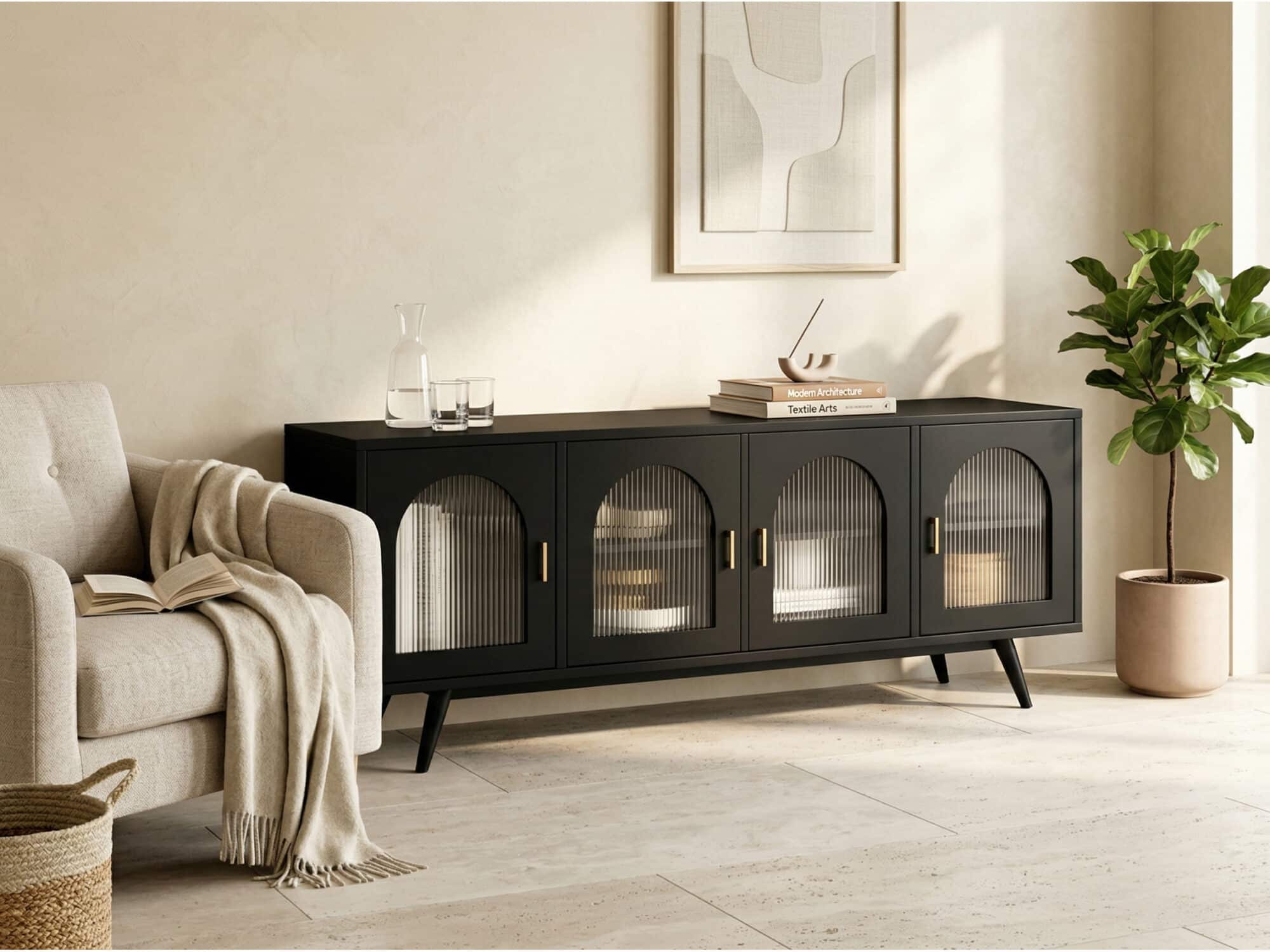 Minimalist TV Cabinet with Iron Frame & Glass Doors Modern Storage Console - scene - 相册图 #4 Minimalist TV Cabinet with Iron Frame & Glass Doors Modern Storage Console 相册图 #4 scene