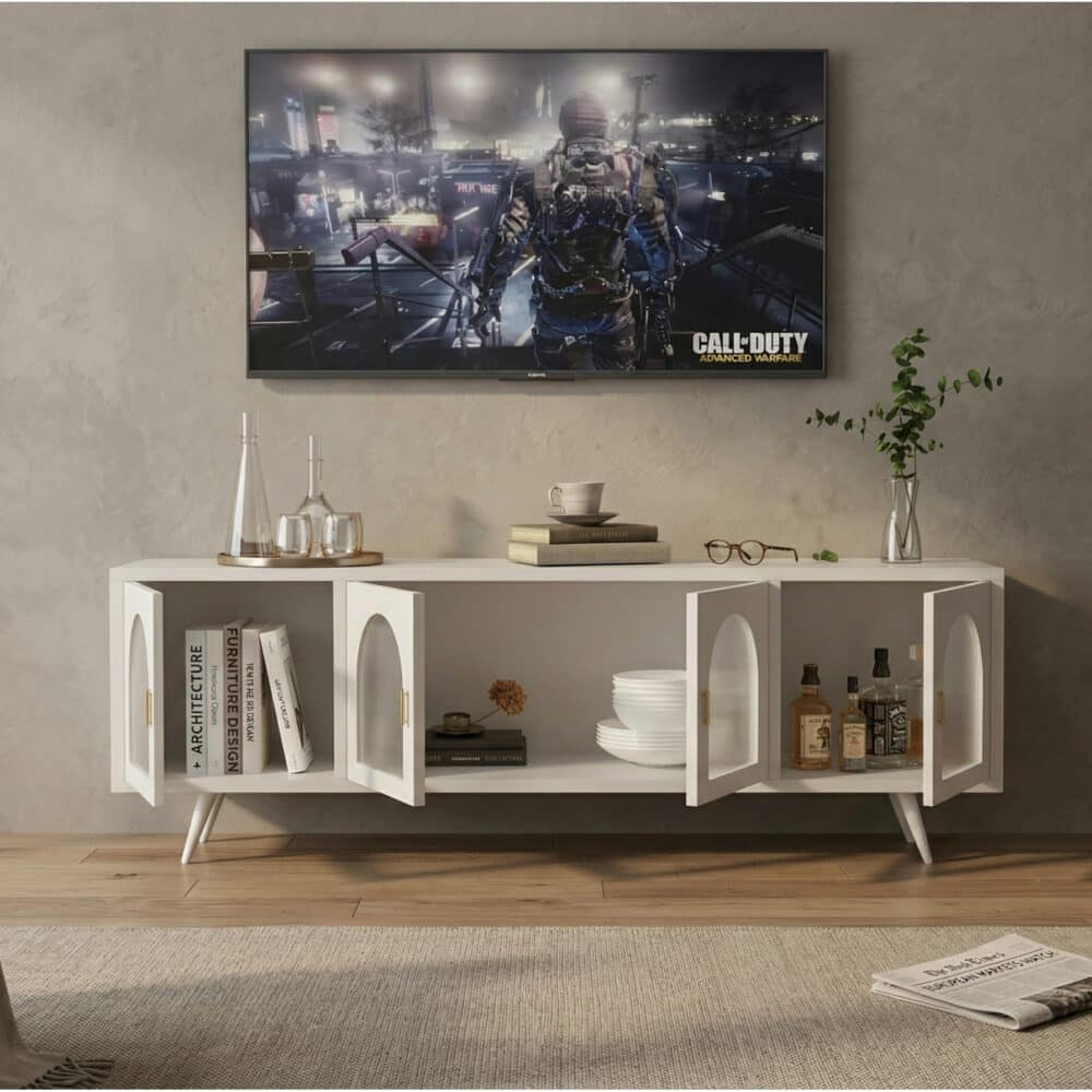 Minimalist TV Cabinet with Iron Frame & Glass Doors Modern Storage Console - scene - 相册图 #5 Minimalist TV Cabinet with Iron Frame & Glass Doors Modern Storage Console 相册图 #5 scene