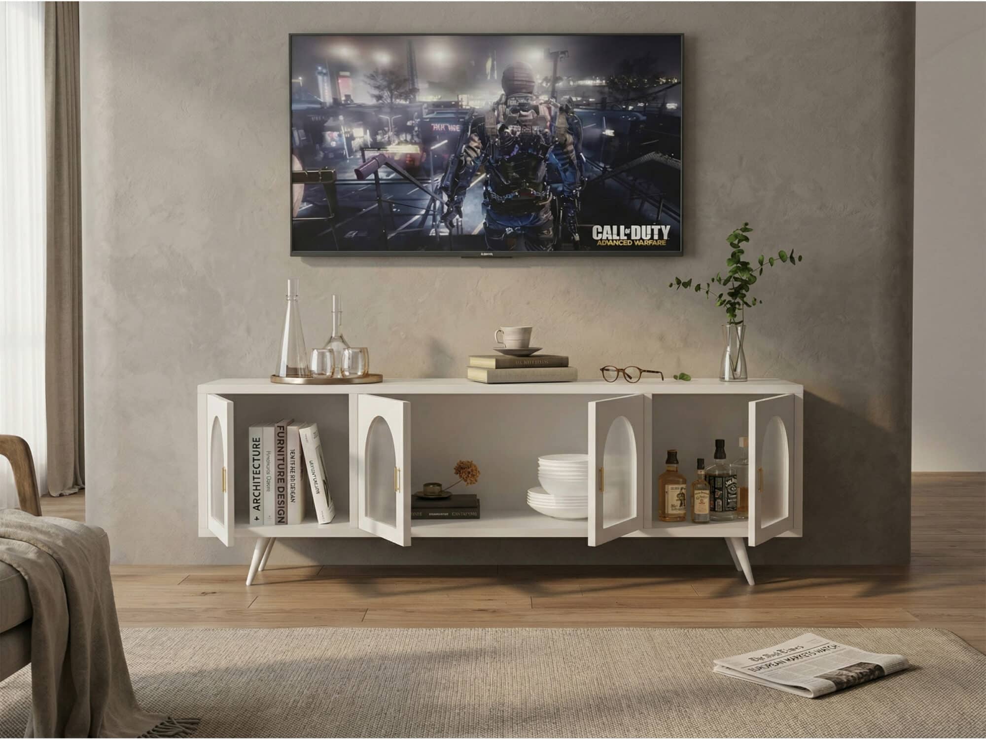 Minimalist TV Cabinet with Iron Frame & Glass Doors Modern Storage Console - scene - 相册图 #5 Minimalist TV Cabinet with Iron Frame & Glass Doors Modern Storage Console 相册图 #5 scene