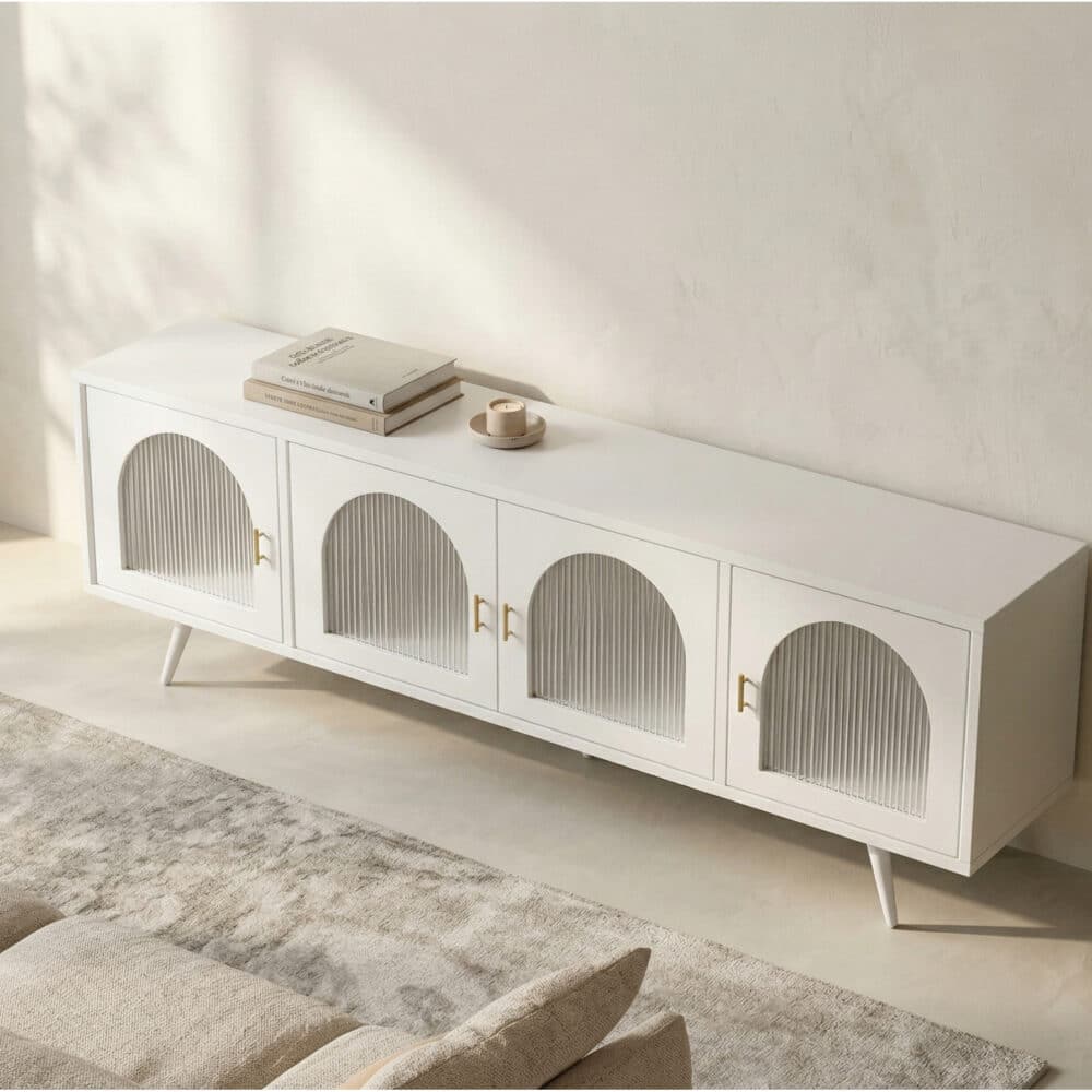 Minimalist TV Cabinet with Iron Frame & Glass Doors Modern Storage Console - scene - 相册图 #6 Minimalist TV Cabinet with Iron Frame & Glass Doors Modern Storage Console 相册图 #6 scene