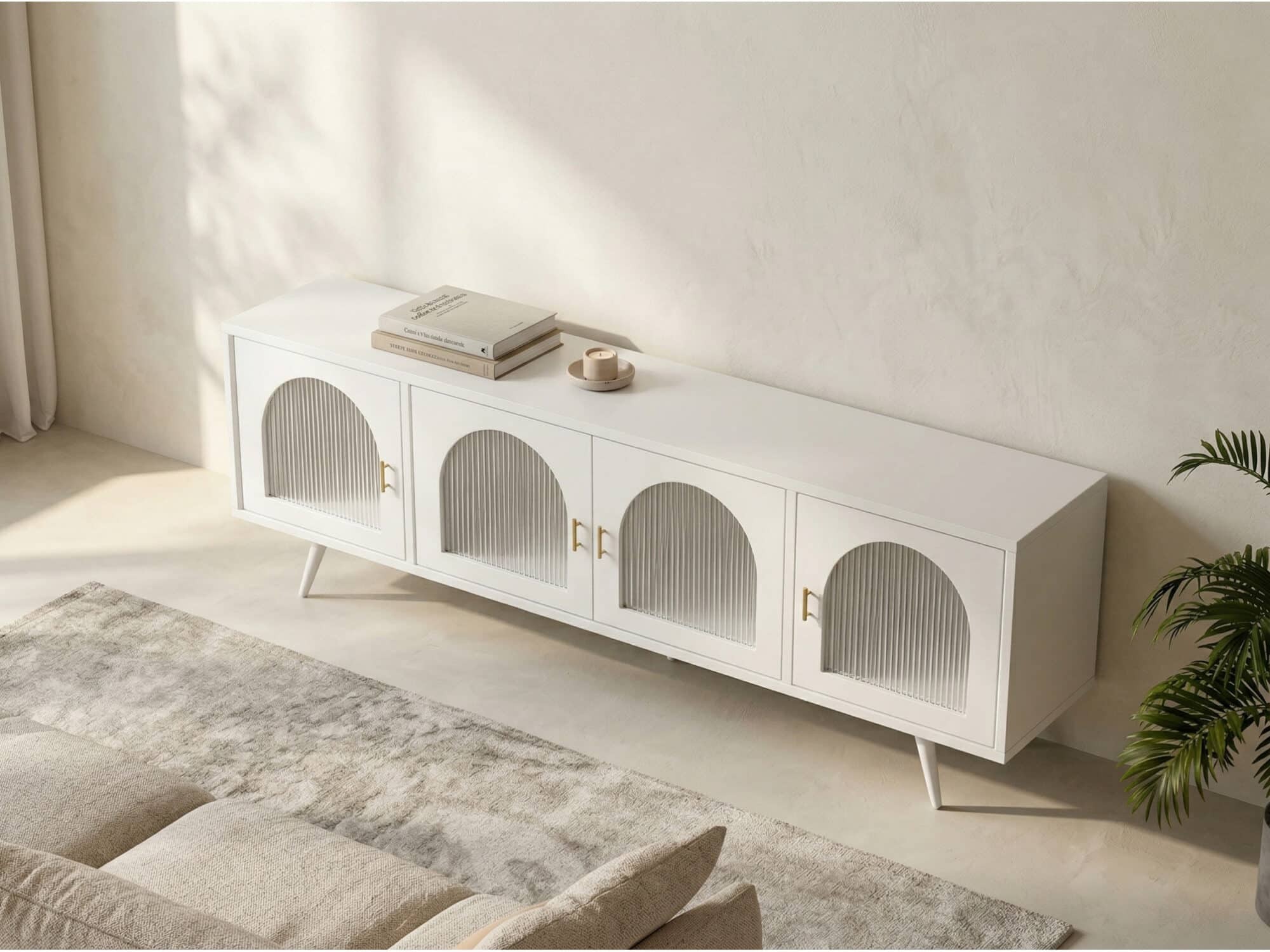 Minimalist TV Cabinet with Iron Frame & Glass Doors Modern Storage Console - scene - 相册图 #6 Minimalist TV Cabinet with Iron Frame & Glass Doors Modern Storage Console 相册图 #6 scene