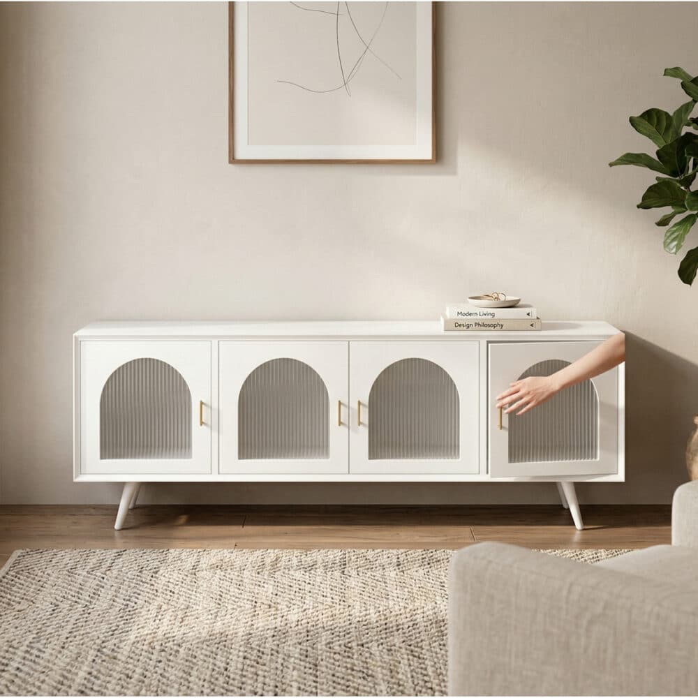 Minimalist TV Cabinet with Iron Frame & Glass Doors Modern Storage Console - scene - 相册图 #7 Minimalist TV Cabinet with Iron Frame & Glass Doors Modern Storage Console 相册图 #7 scene