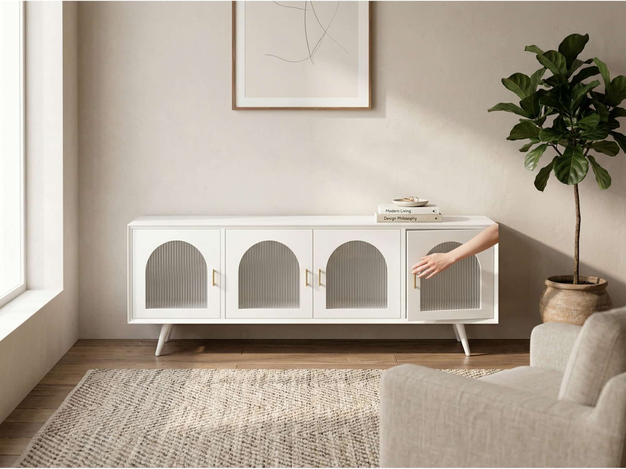 Minimalist TV Cabinet with Iron Frame & Glass Doors Modern Storage Console - scene - 相册图 #7 Minimalist TV Cabinet with Iron Frame & Glass Doors Modern Storage Console 相册图 #7 scene