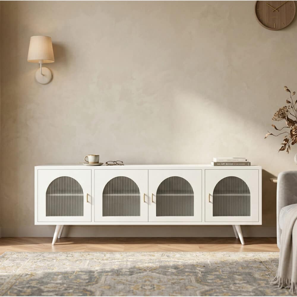 Minimalist TV Cabinet with Iron Frame & Glass Doors Modern Storage Console - scene - 相册图 #8 Minimalist TV Cabinet with Iron Frame & Glass Doors Modern Storage Console 相册图 #8 scene