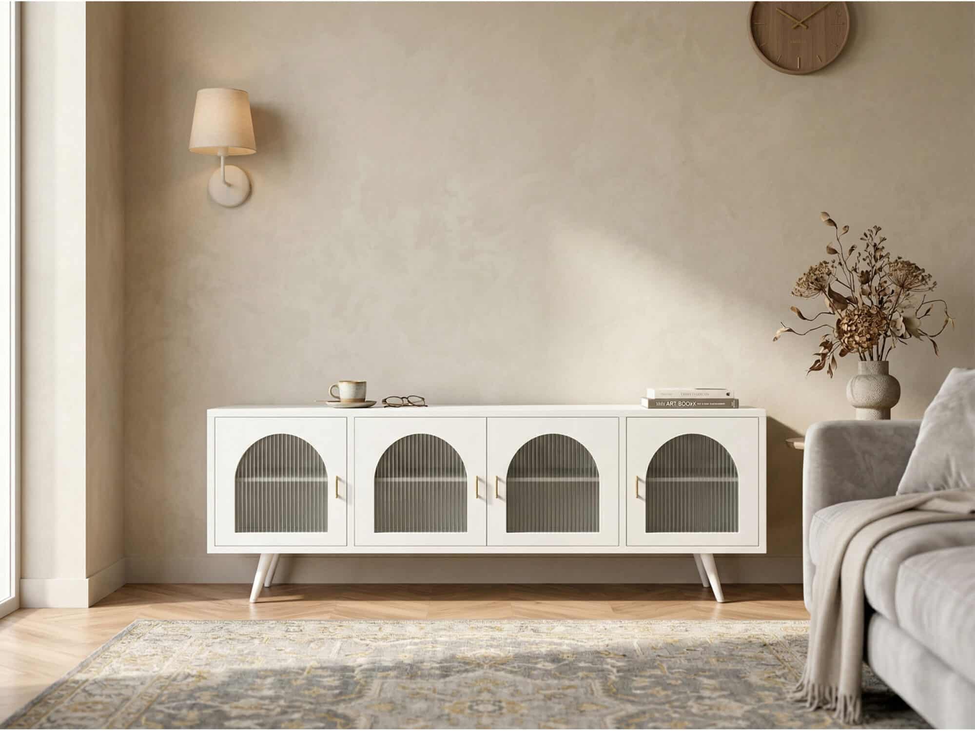 Minimalist TV Cabinet with Iron Frame & Glass Doors Modern Storage Console - scene - 相册图 #8 Minimalist TV Cabinet with Iron Frame & Glass Doors Modern Storage Console 相册图 #8 scene