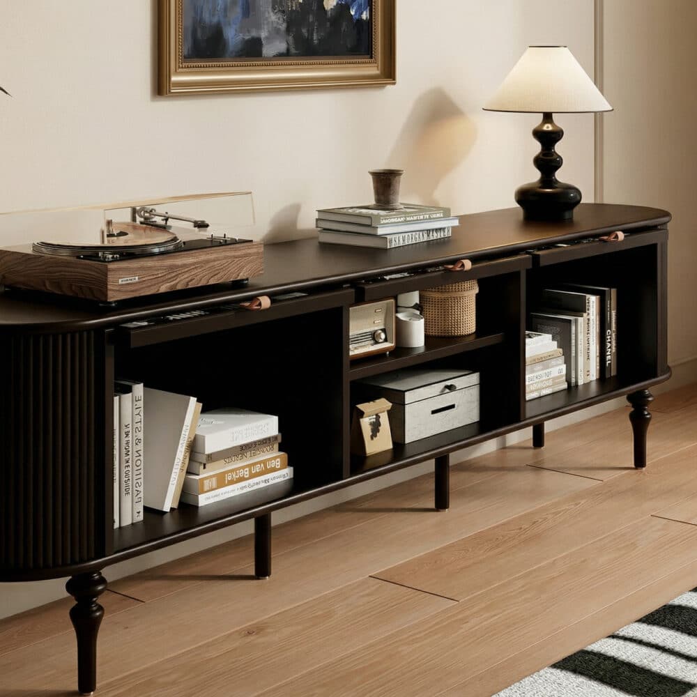 Modern Black TV Stand Console Table with Arched Glass Doors - resized - 相册图 #3 Modern Black TV Stand Console Table with Arched Glass Doors 相册图 #3 resized