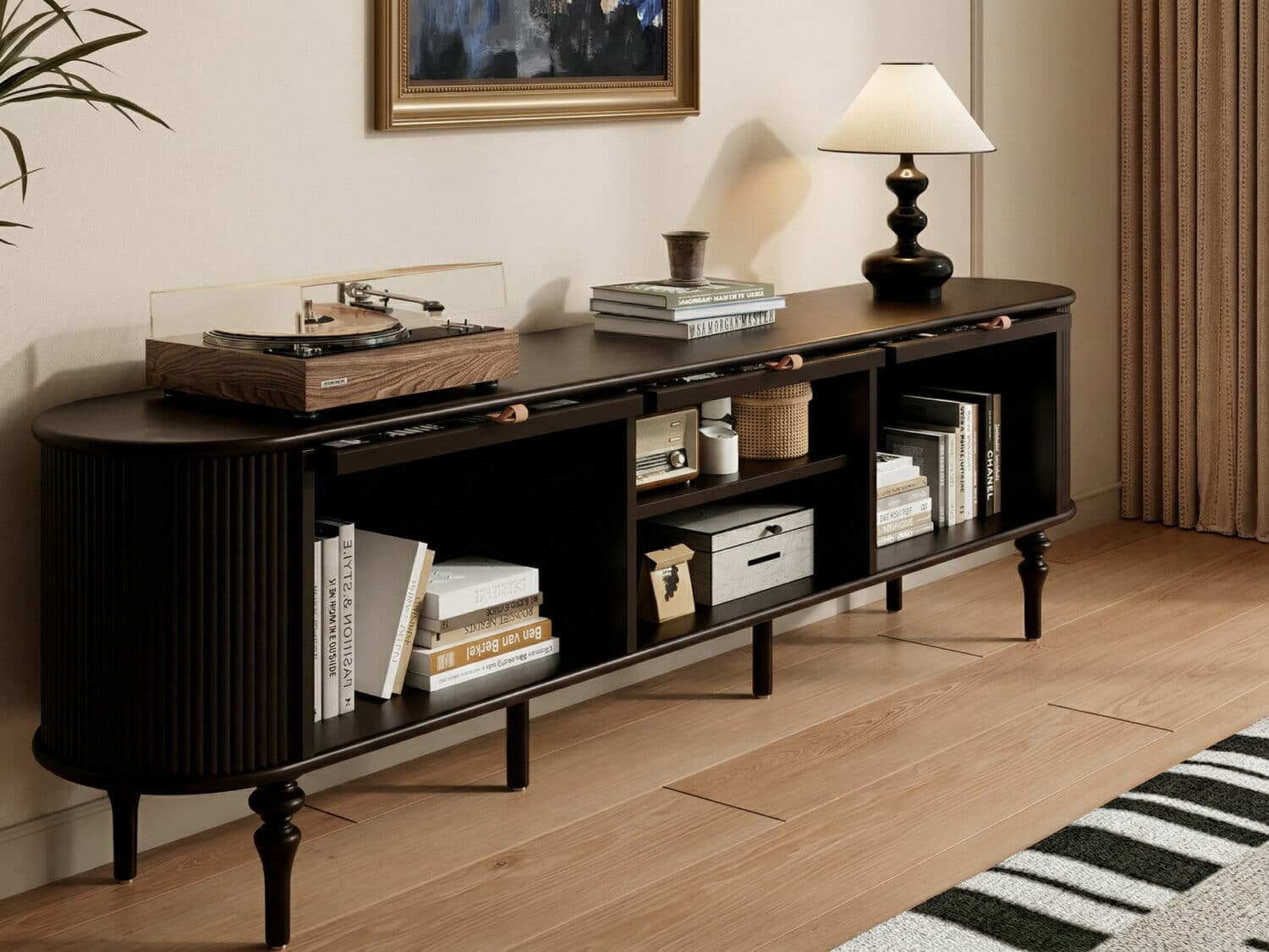 Modern Black TV Stand Console Table with Arched Glass Doors 相册图 #3 resized
