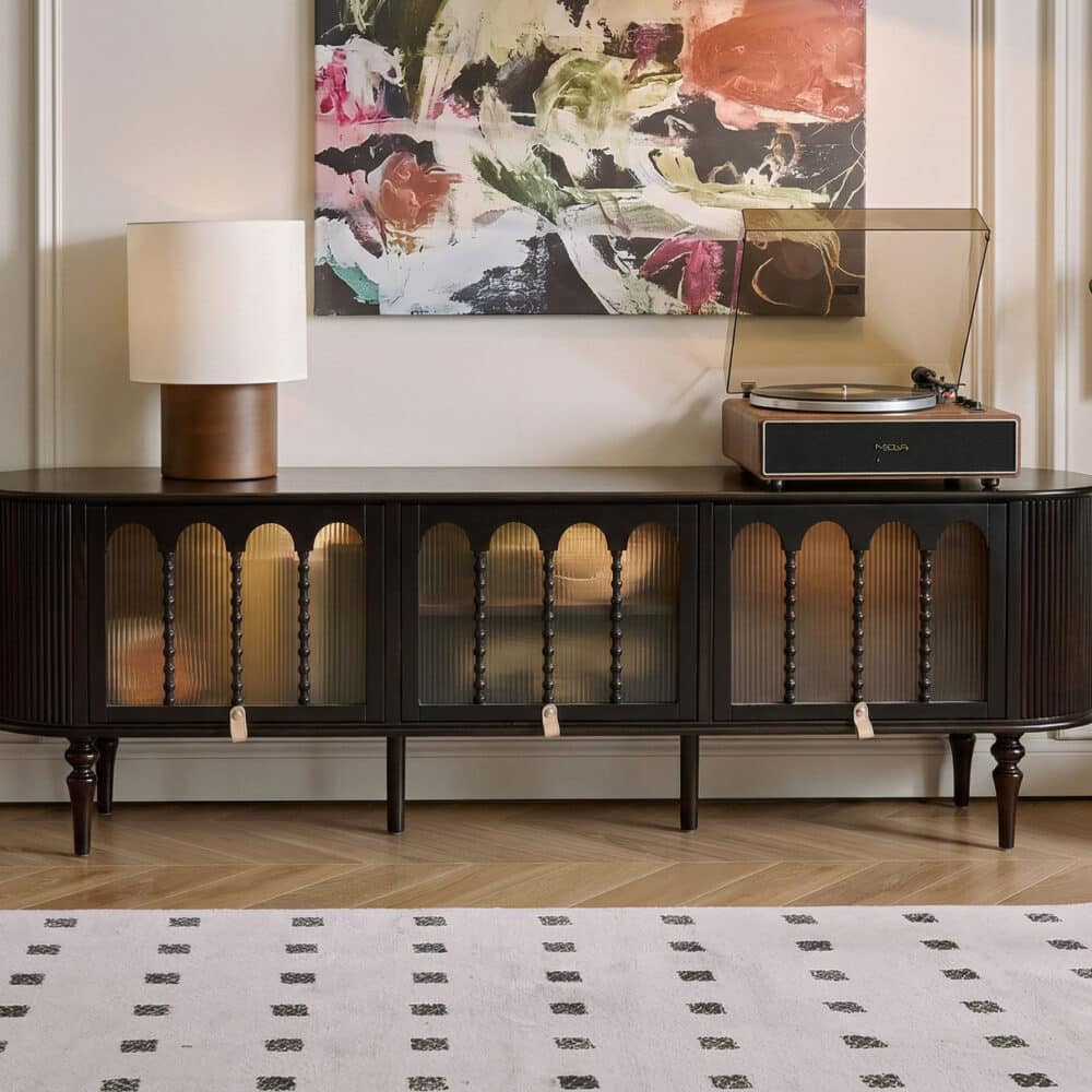 Modern Black TV Stand Console Table with Arched Glass Doors - resized - 相册图 #4 Modern Black TV Stand Console Table with Arched Glass Doors 相册图 #4 resized