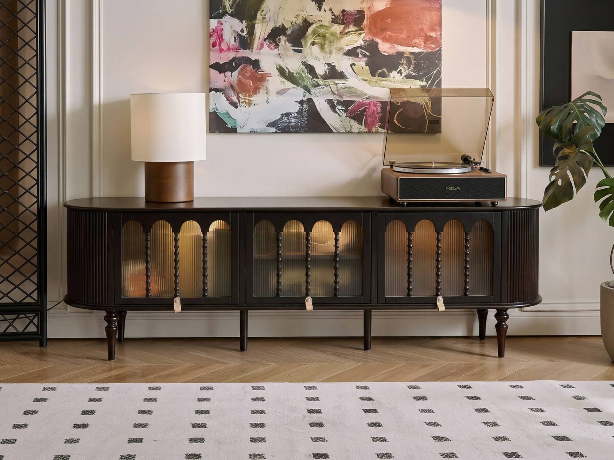 Modern Black TV Stand Console Table with Arched Glass Doors - resized - 相册图 #4 Modern Black TV Stand Console Table with Arched Glass Doors 相册图 #4 resized