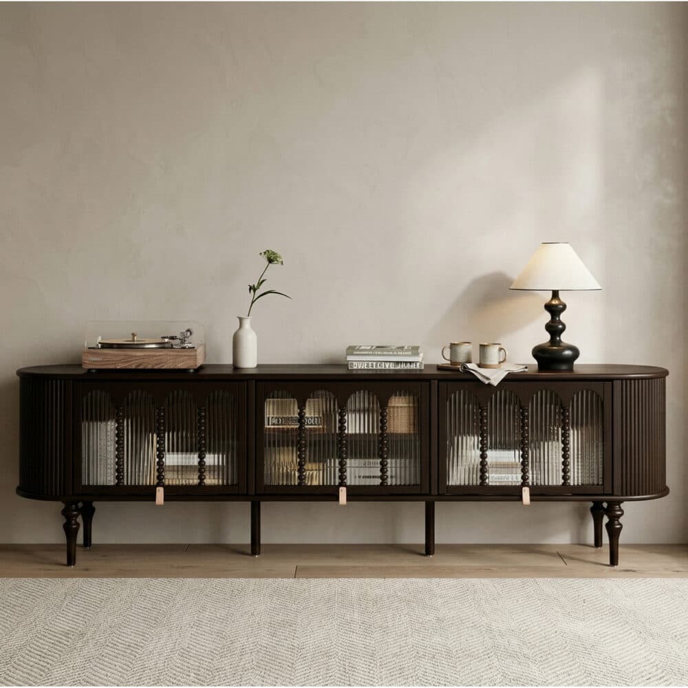 Modern Black TV Stand Console Table with Arched Glass Doors - scene - 商品主图 Modern Black TV Stand Console Table with Arched Glass Doors 商品主图 scene