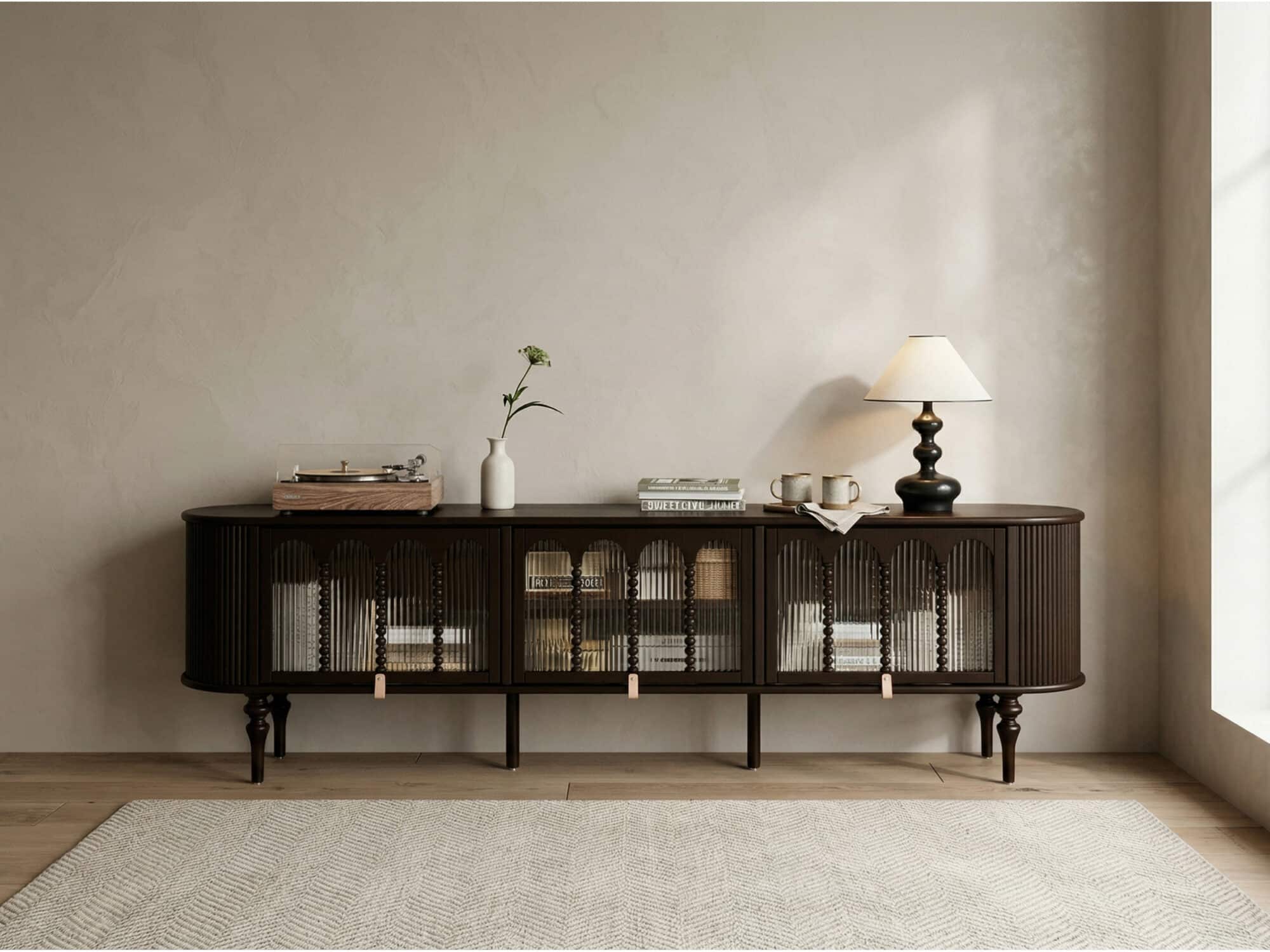 Modern Black TV Stand Console Table with Arched Glass Doors - scene - 商品主图 Modern Black TV Stand Console Table with Arched Glass Doors 商品主图 scene