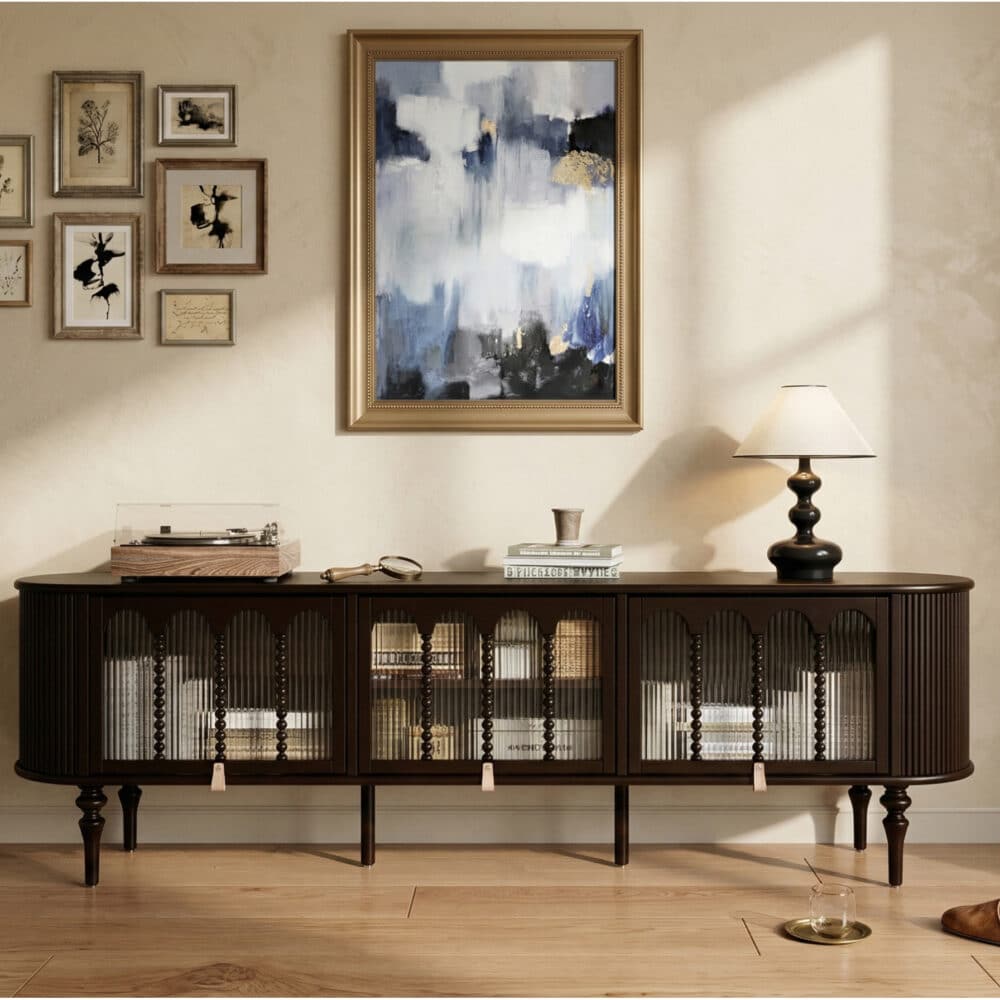 Modern Black TV Stand Console Table with Arched Glass Doors - scene - 相册图 #2 Modern Black TV Stand Console Table with Arched Glass Doors 相册图 #2 scene