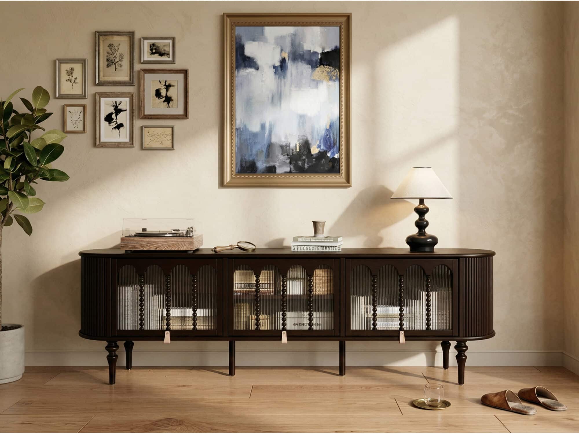 Modern Black TV Stand Console Table with Arched Glass Doors - scene - 相册图 #2 Modern Black TV Stand Console Table with Arched Glass Doors 相册图 #2 scene