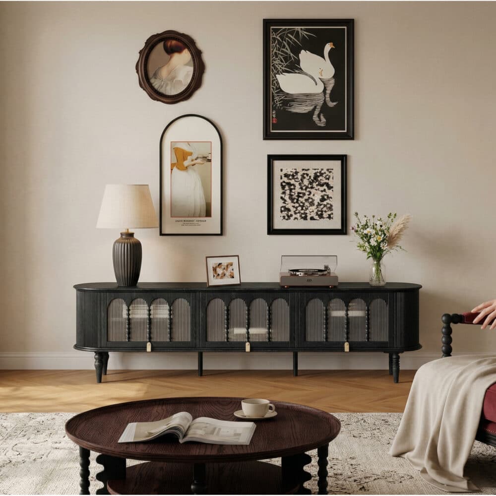 Modern Black TV Stand Console Table with Arched Glass Doors - scene - 相册图 #5 Modern Black TV Stand Console Table with Arched Glass Doors 相册图 #5 scene