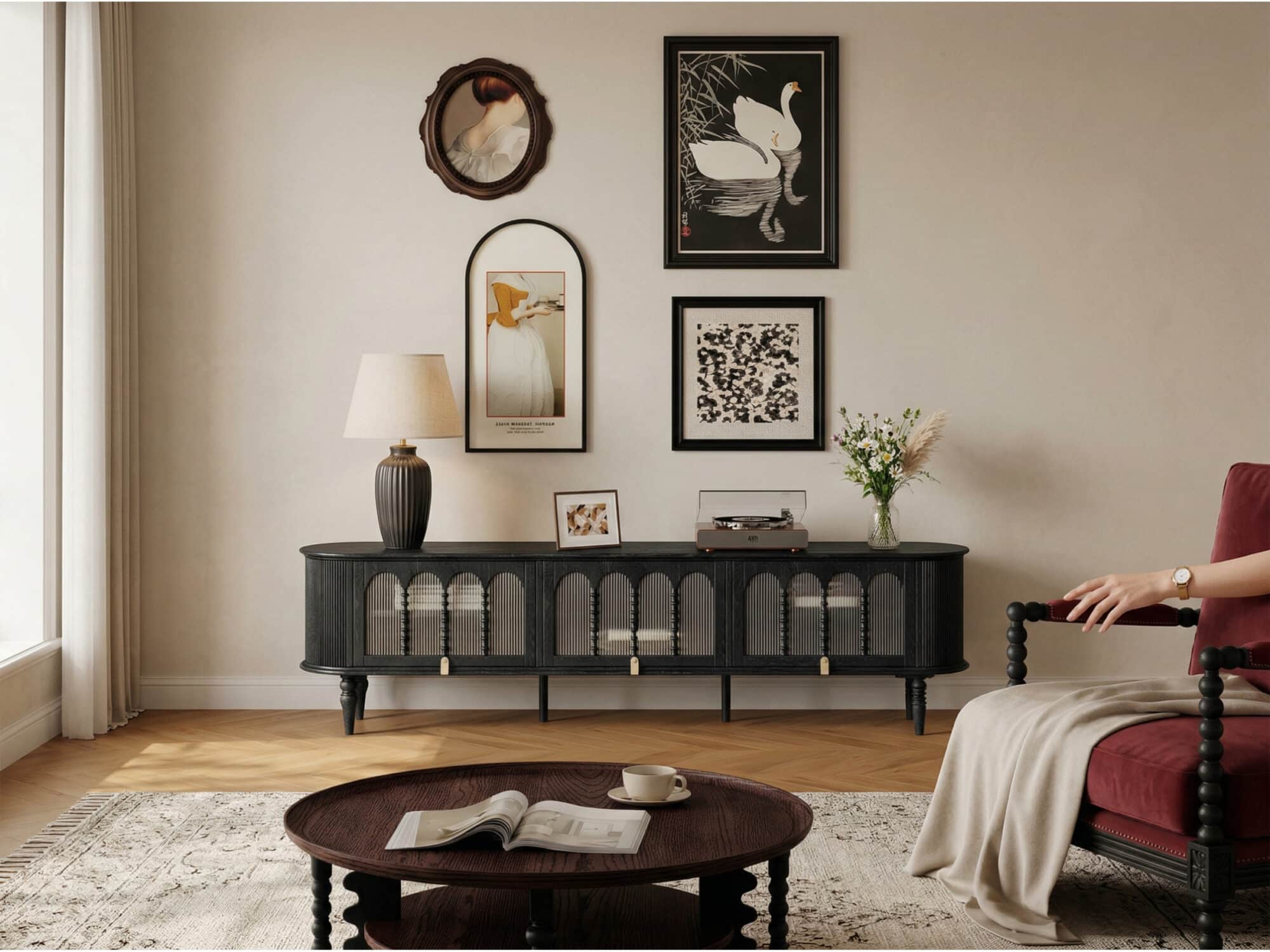 Modern Black TV Stand Console Table with Arched Glass Doors - scene - 相册图 #5 Modern Black TV Stand Console Table with Arched Glass Doors 相册图 #5 scene