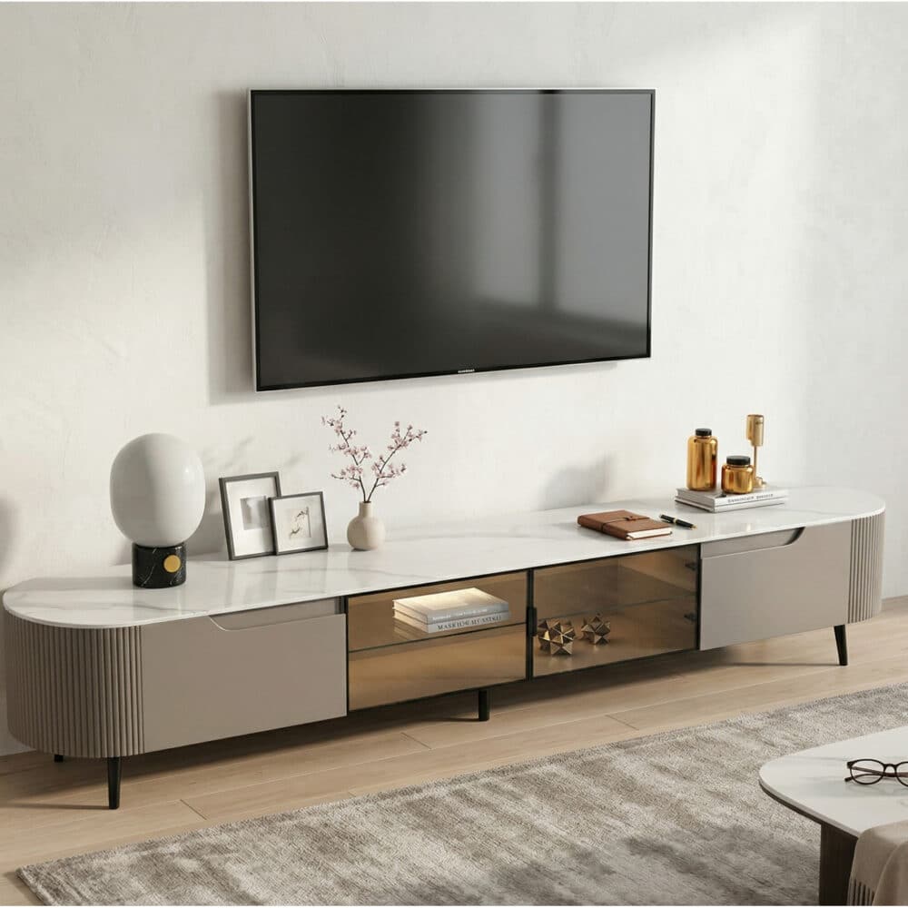 Modern Grey Stone Drawers Shelves Long Length TV Stand - scene - 商品主图 Modern Grey Stone Drawers Shelves Long Length TV Stand 商品主图 scene